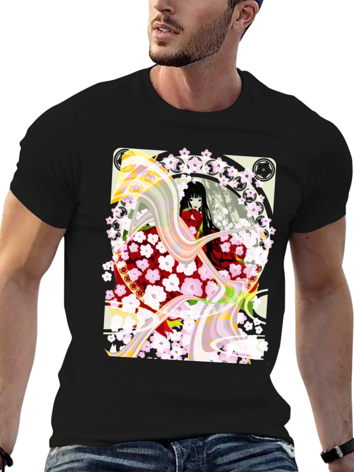 Anime Girl Cherry Blossom Black T-Shirt - 6