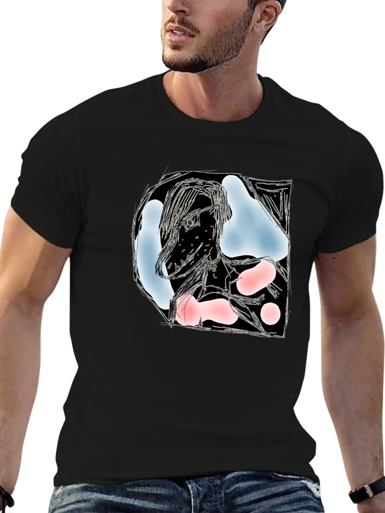 Black Artistic Graphic Print Black T-Shirt - Modern Abstract Design view 6