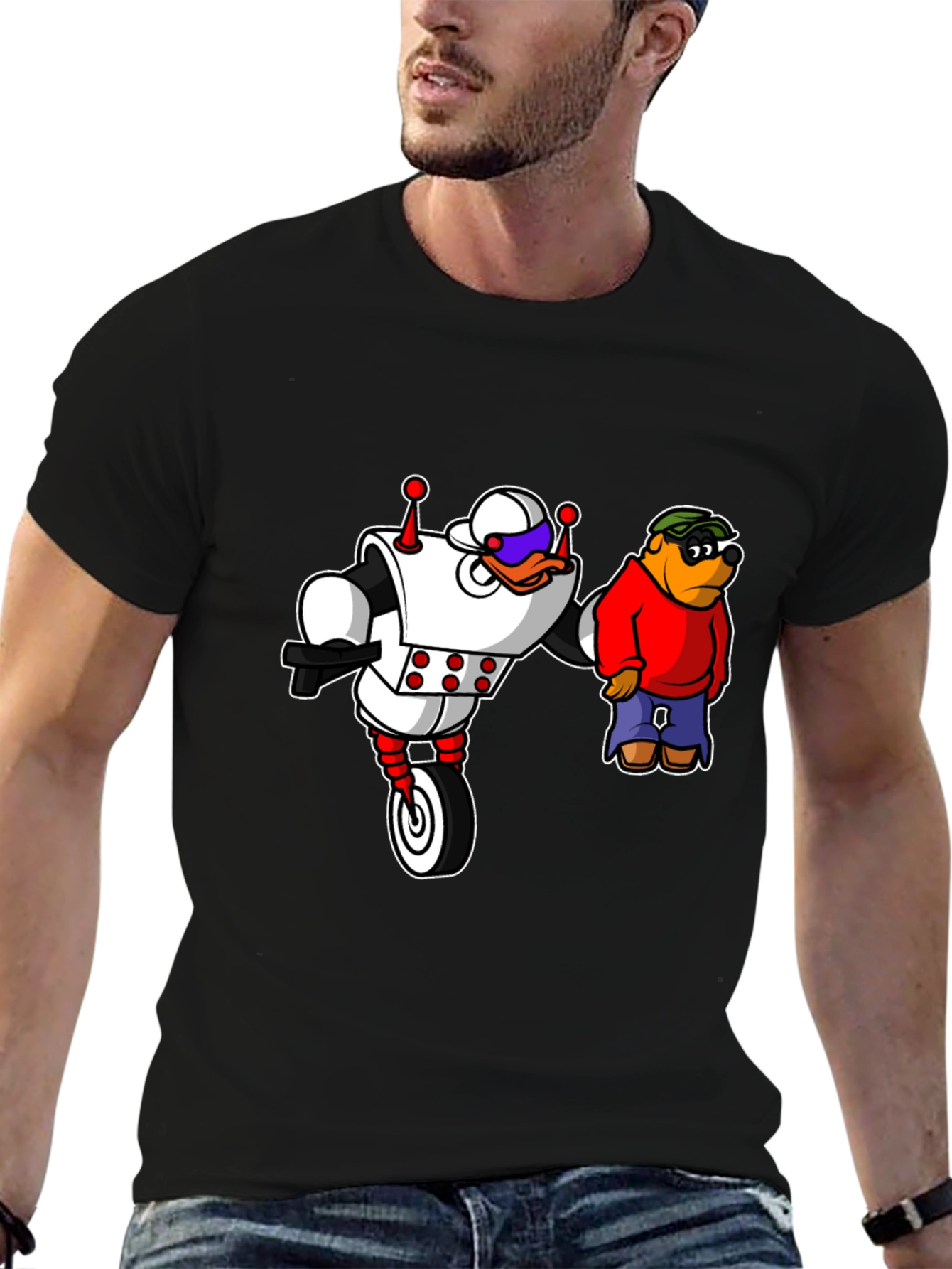 Black Robot Duck and Cartoon Bear Graphic T-Shirt view 6