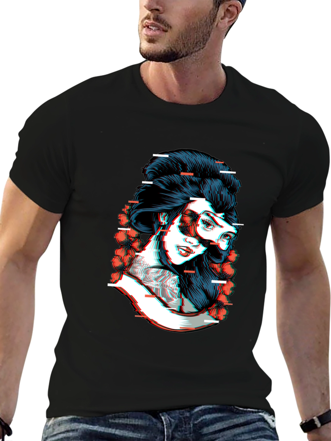 Black Glitch Geisha Graphic Tee - Black Cotton T-Shirt view 6