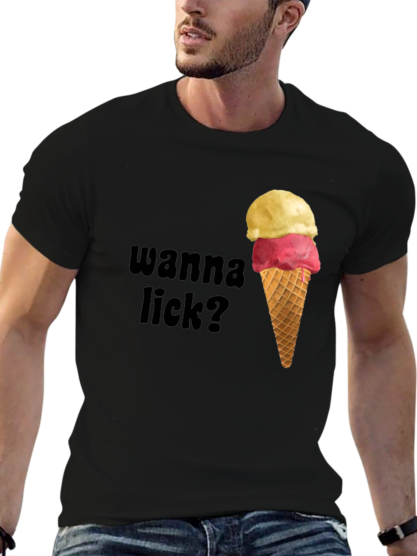 Black Ice Cream Graphic Tee - Wanna Lick? Novelty Shirt view 6