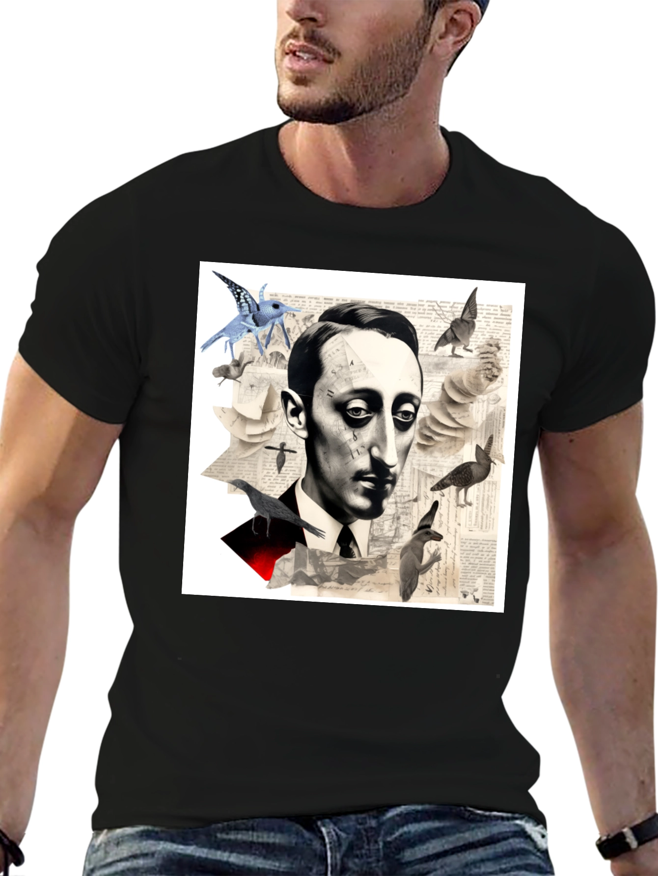 Black Surrealist Literary T-Shirt: Portrait with Birds view 6