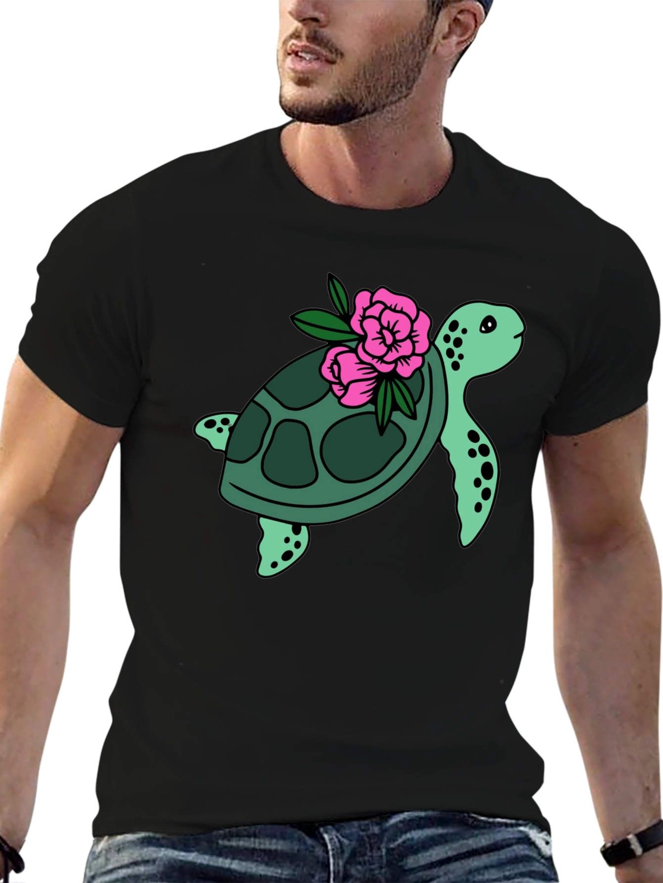 Black Turtle & Flower Graphic Tee - Black view 6
