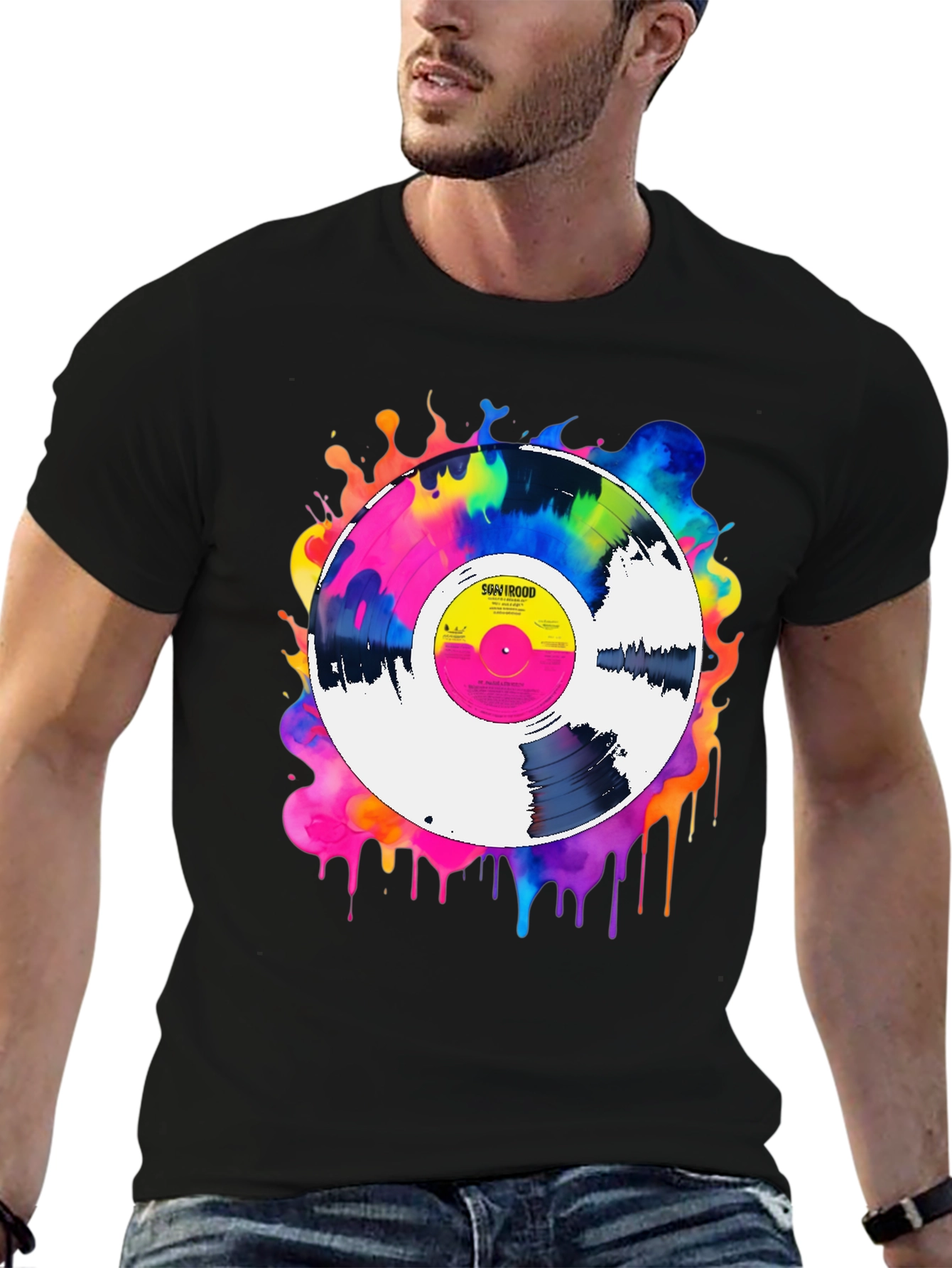 Black Colorful Vinyl Record Graphic Tee - Music Lover T-Shirt view 6
