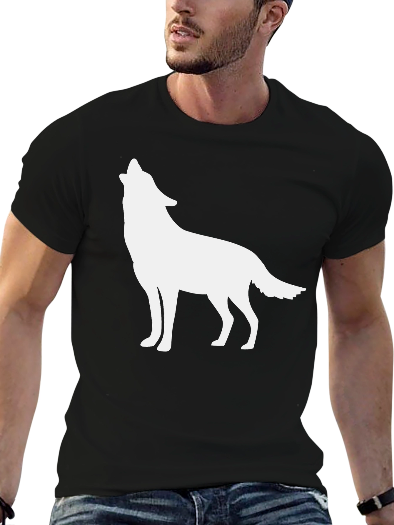 Black Men's Black T-shirt with Wolf Silhouette view 6