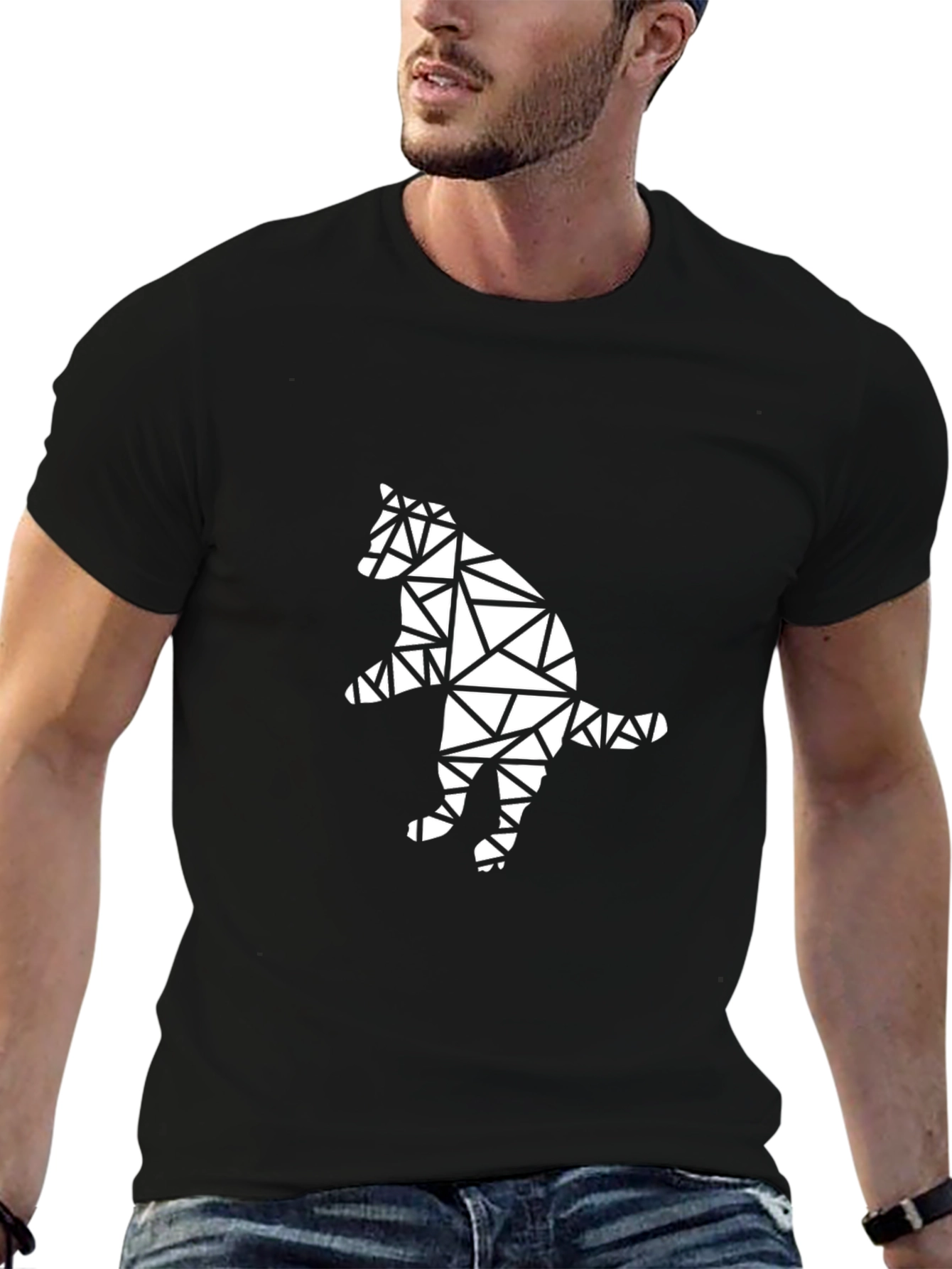 Black Geometric Cat Graphic Tee - Black Cotton T-Shirt view 6