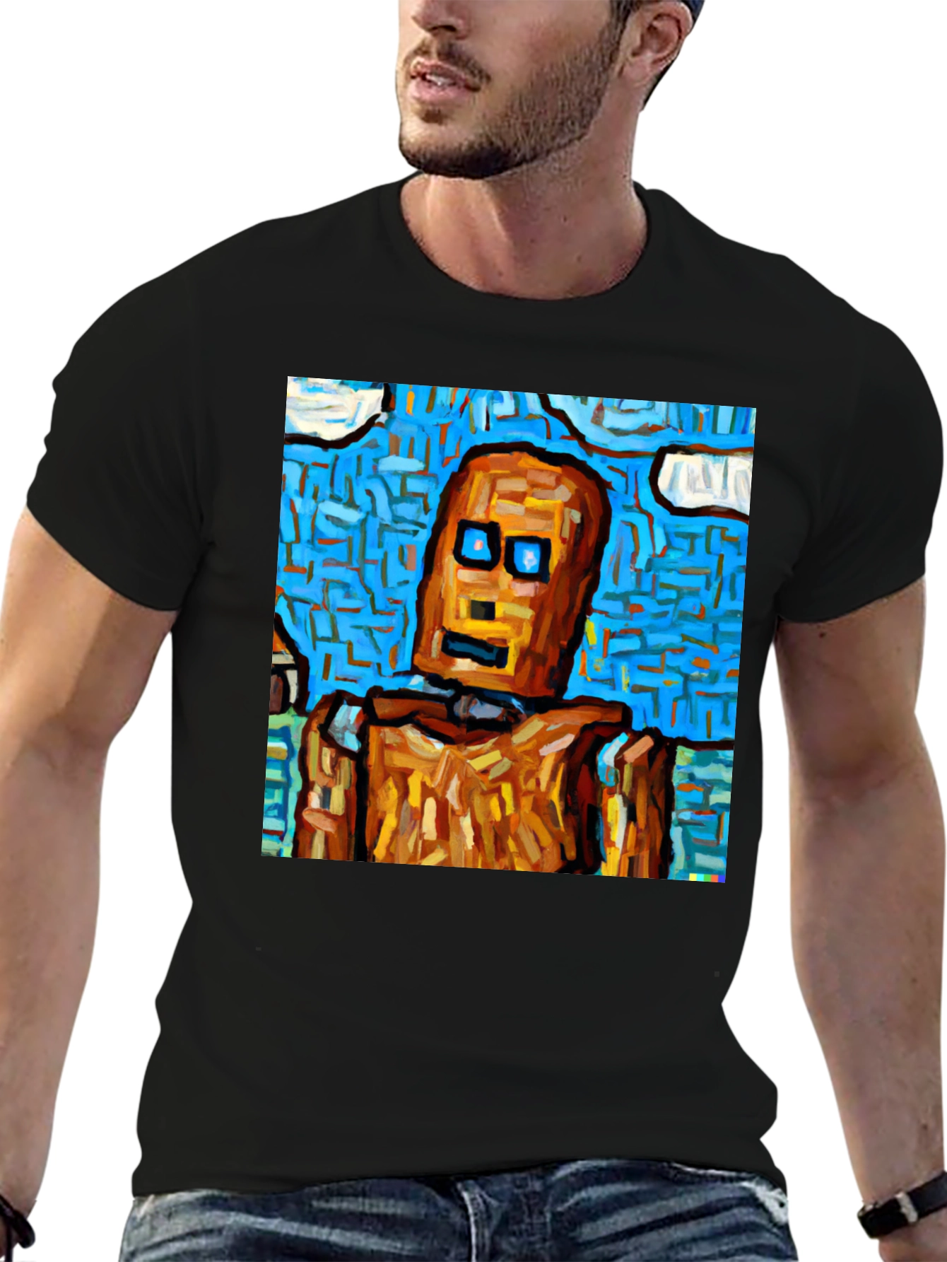 Black Abstract Robot Graphic Tee - Black Cotton T-Shirt view 6