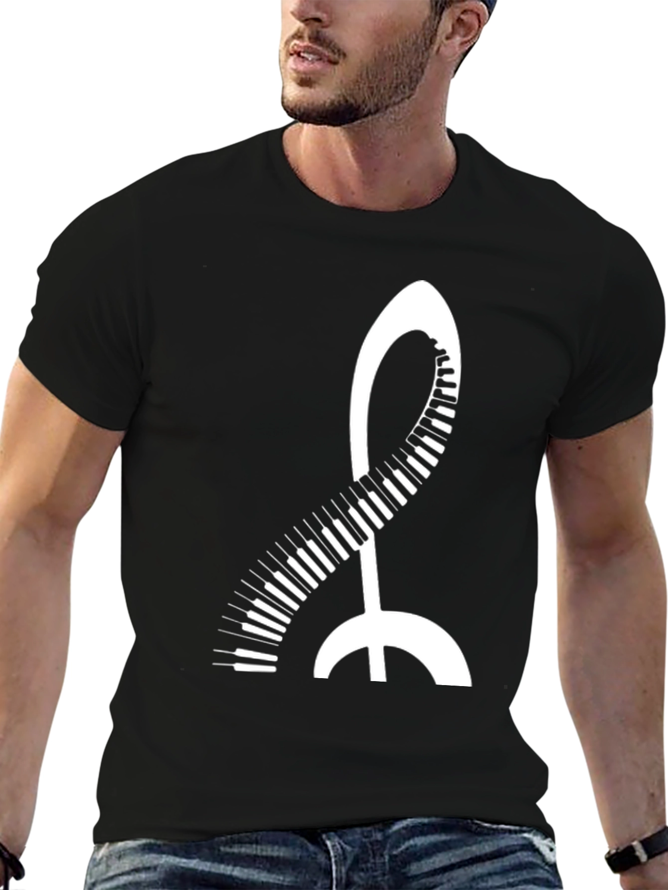Black Music Treble Clef Piano Keys Black T-Shirt view 6