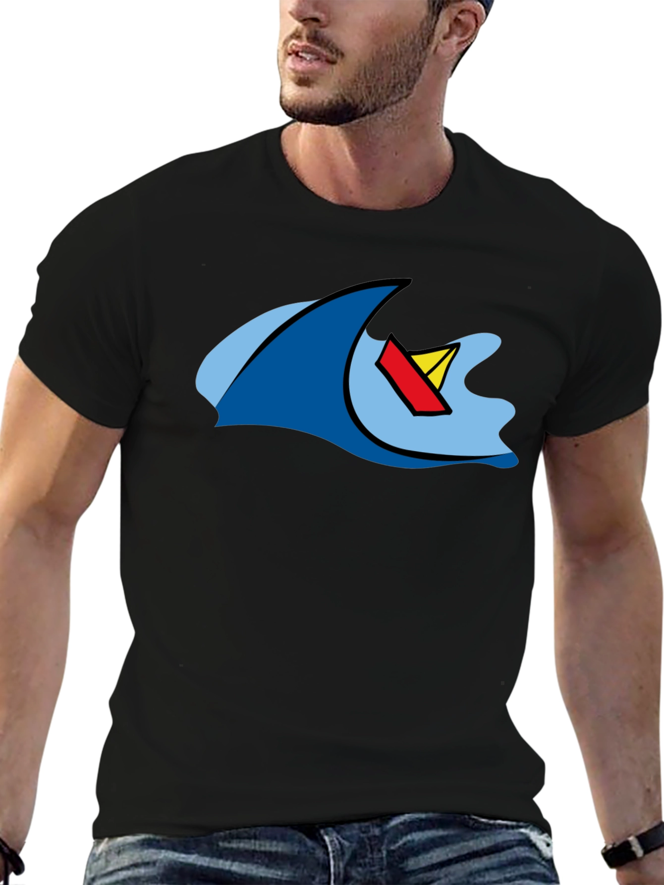 Black Cartoon Wave & Boat Black T-Shirt view 6