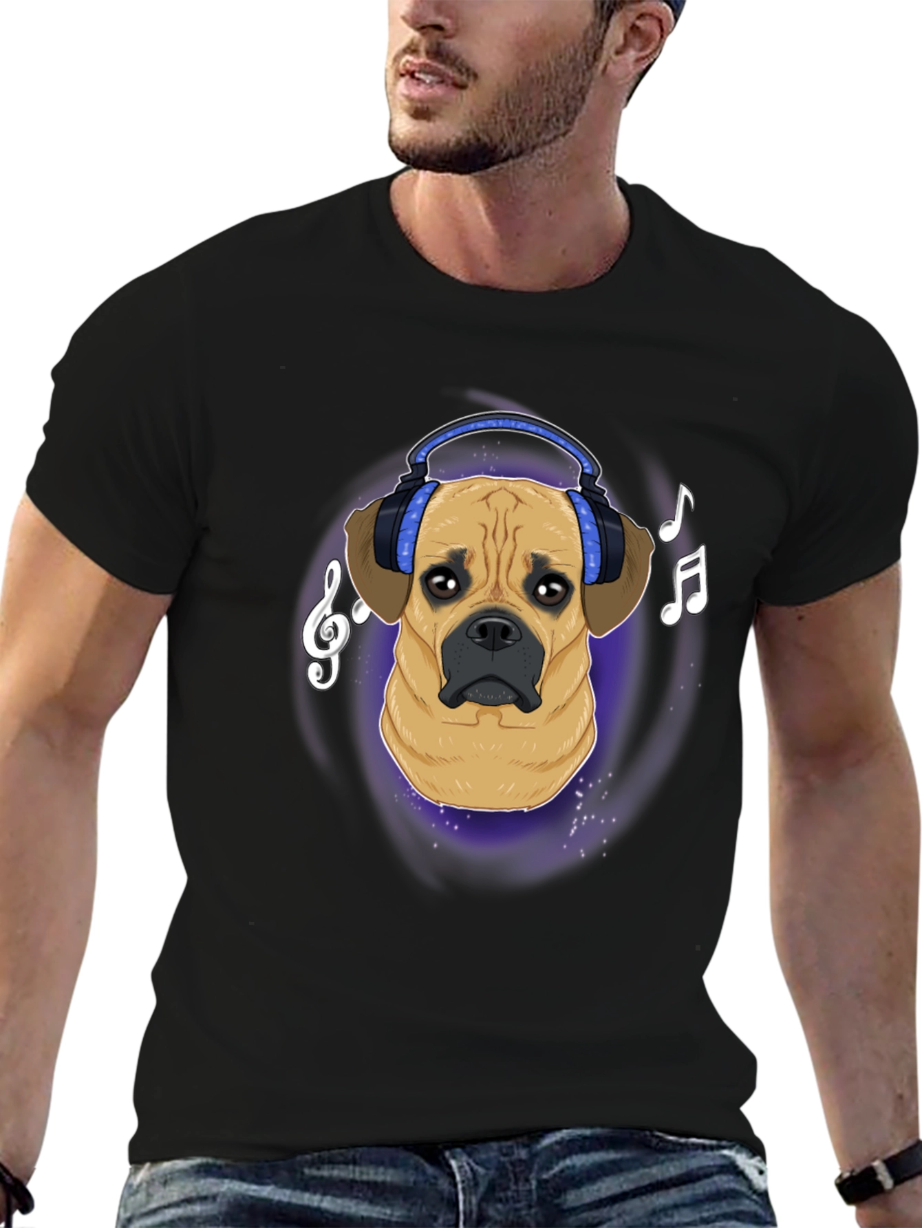 Black Dog DJ T-Shirt - Musical Puggle Design view 6