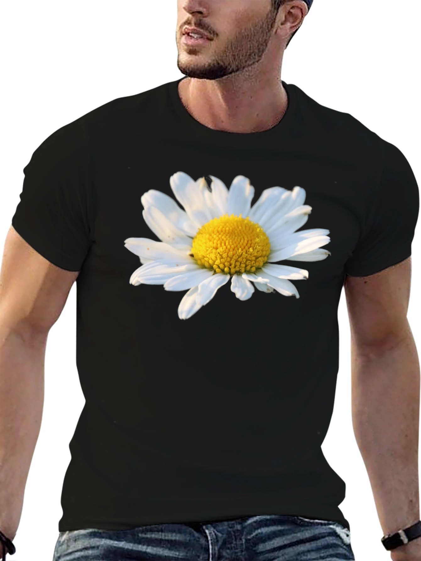 Black Daisy Flower Graphic Tee - Black Cotton T-Shirt view 6