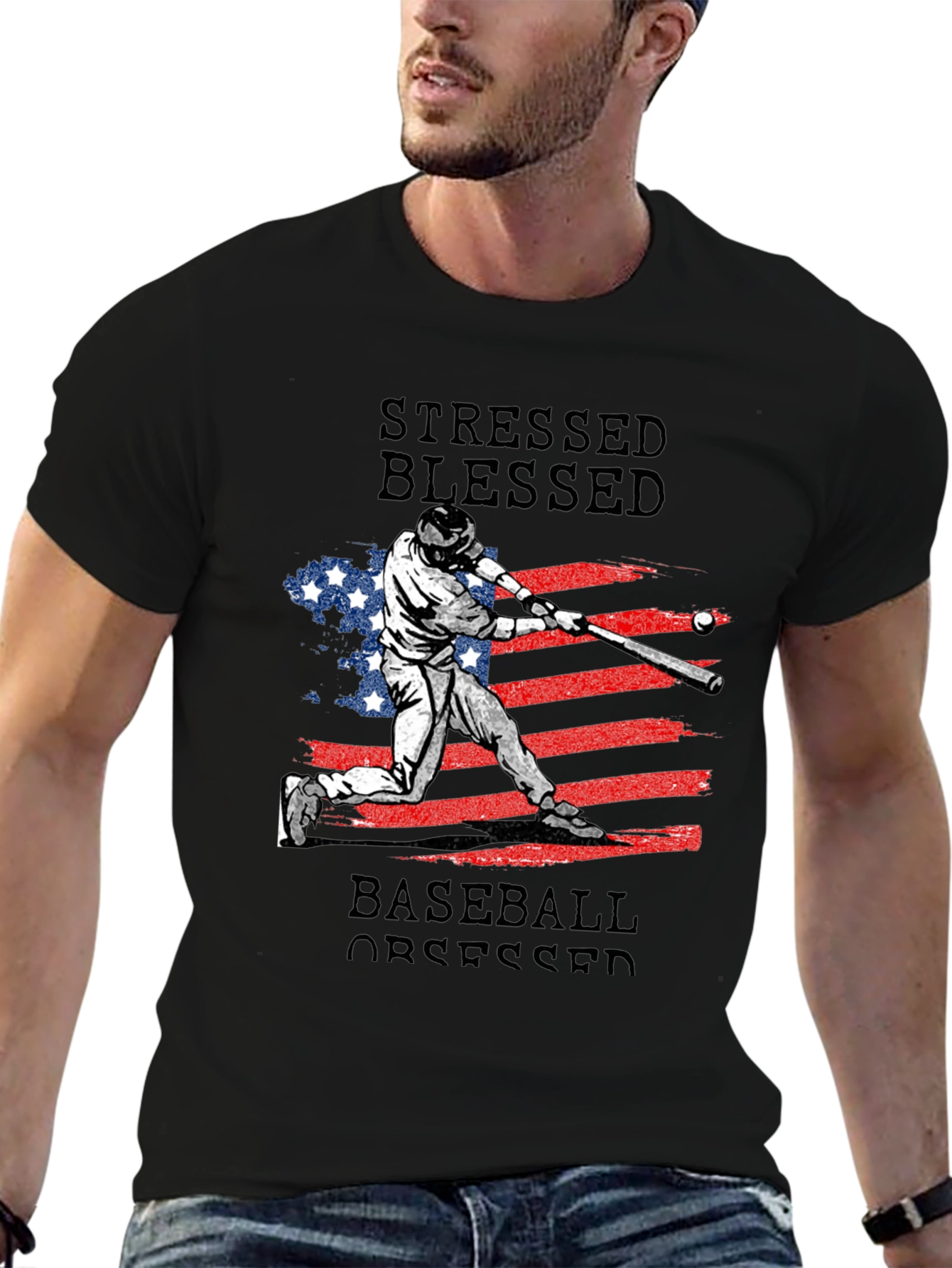 Black Stressed Blessed Baseball Obsessed T-Shirt view 6