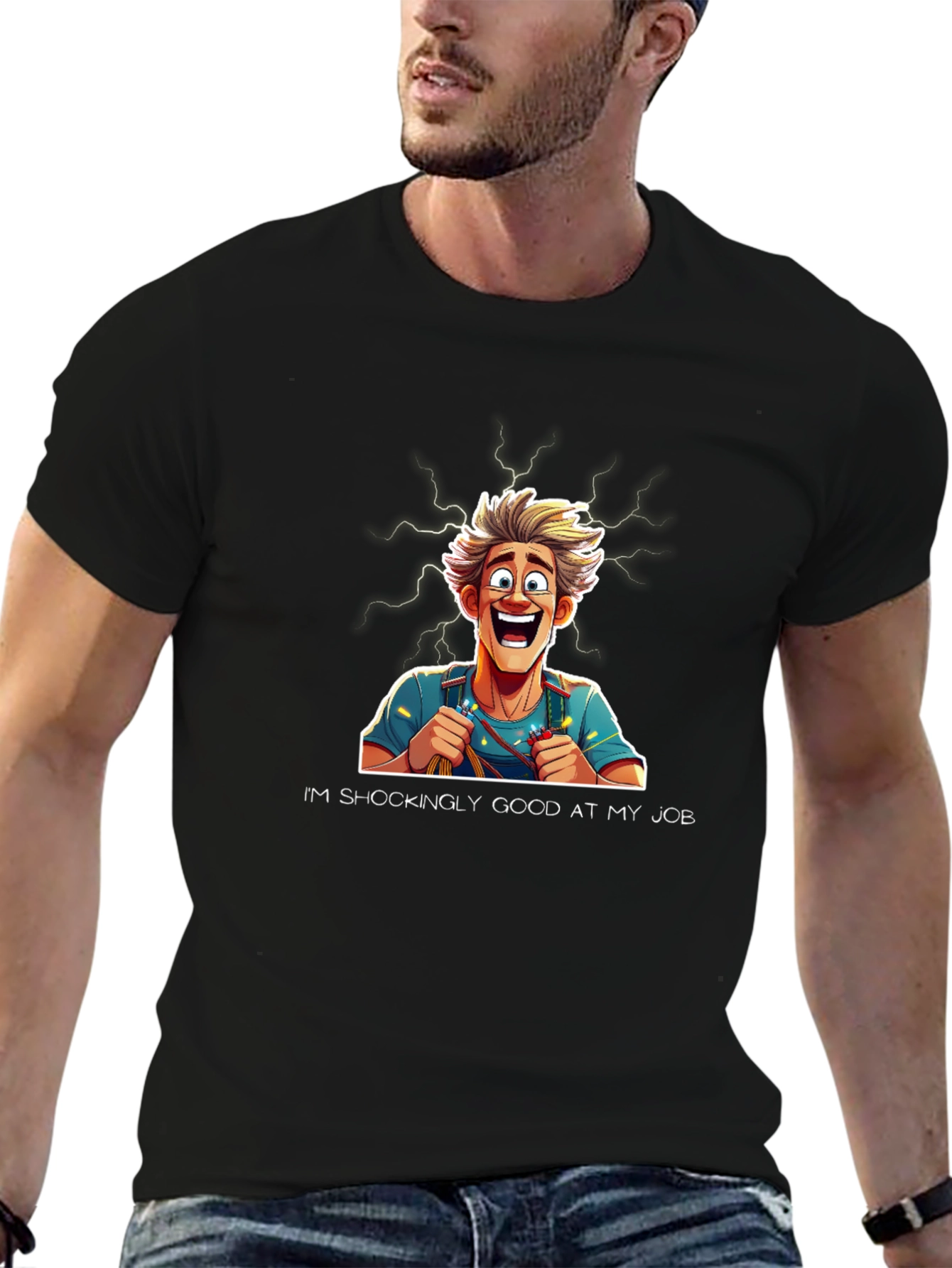 Black Funny Electrician Cartoon T-Shirt view 6