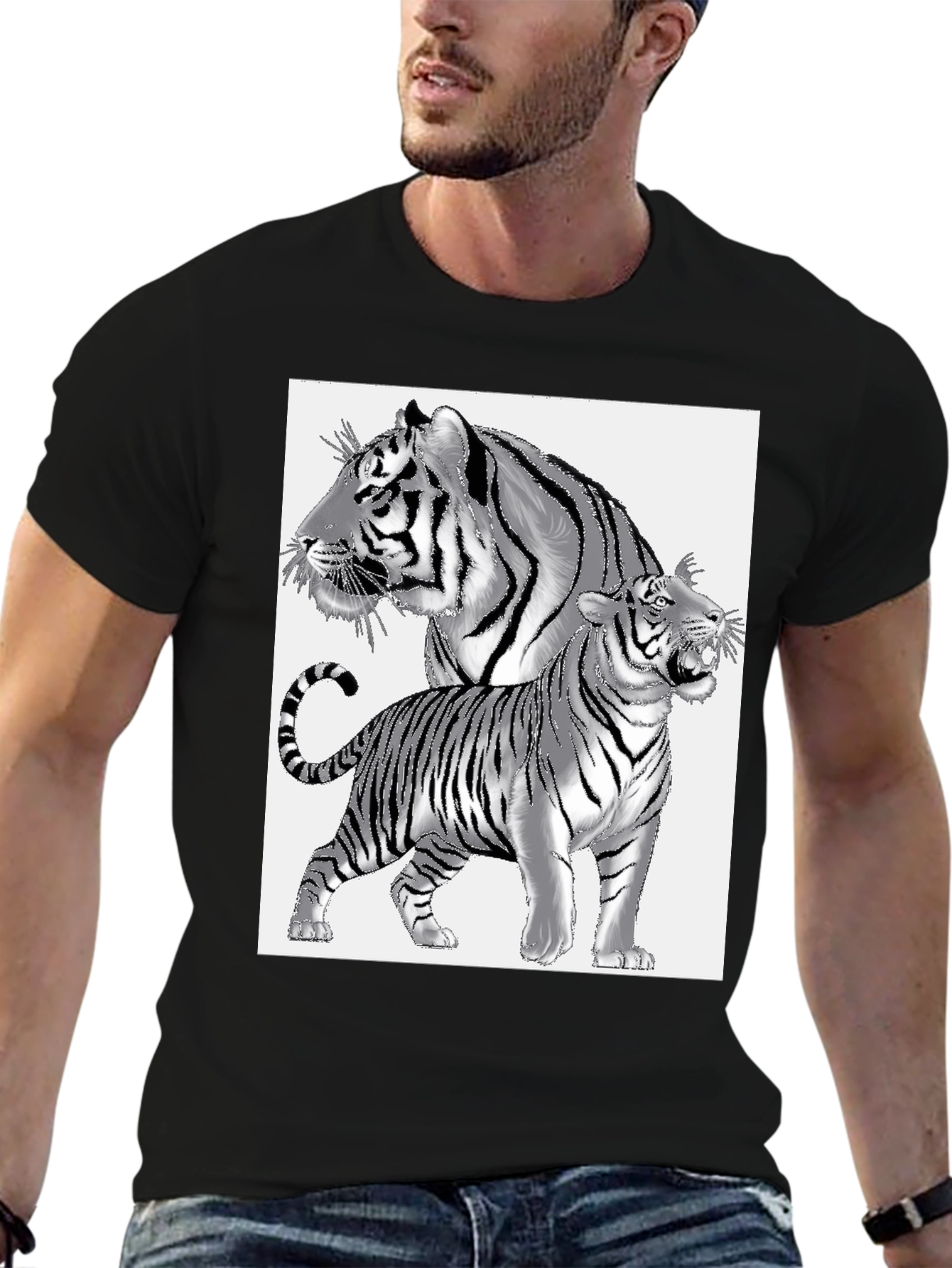 Black Tiger Graphic Print Men's Black T-Shirt view 6