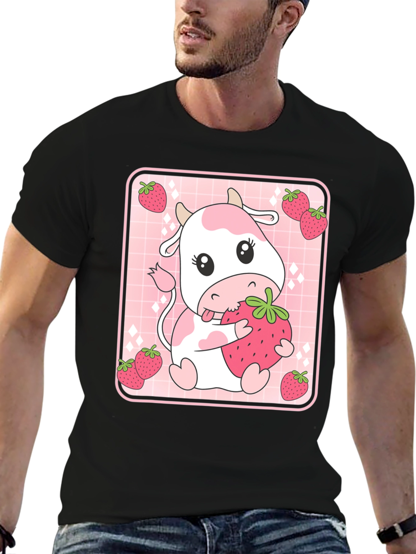 Black Strawberry Cow T-Shirt - Cute Kawaii Design view 6