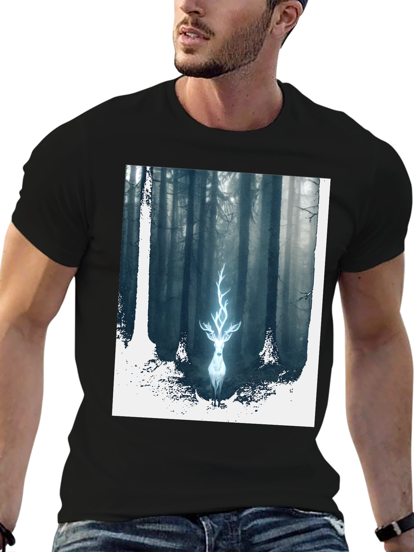 Black Mystic Forest Deer Graphic Tee - Black Cotton Blend view 6