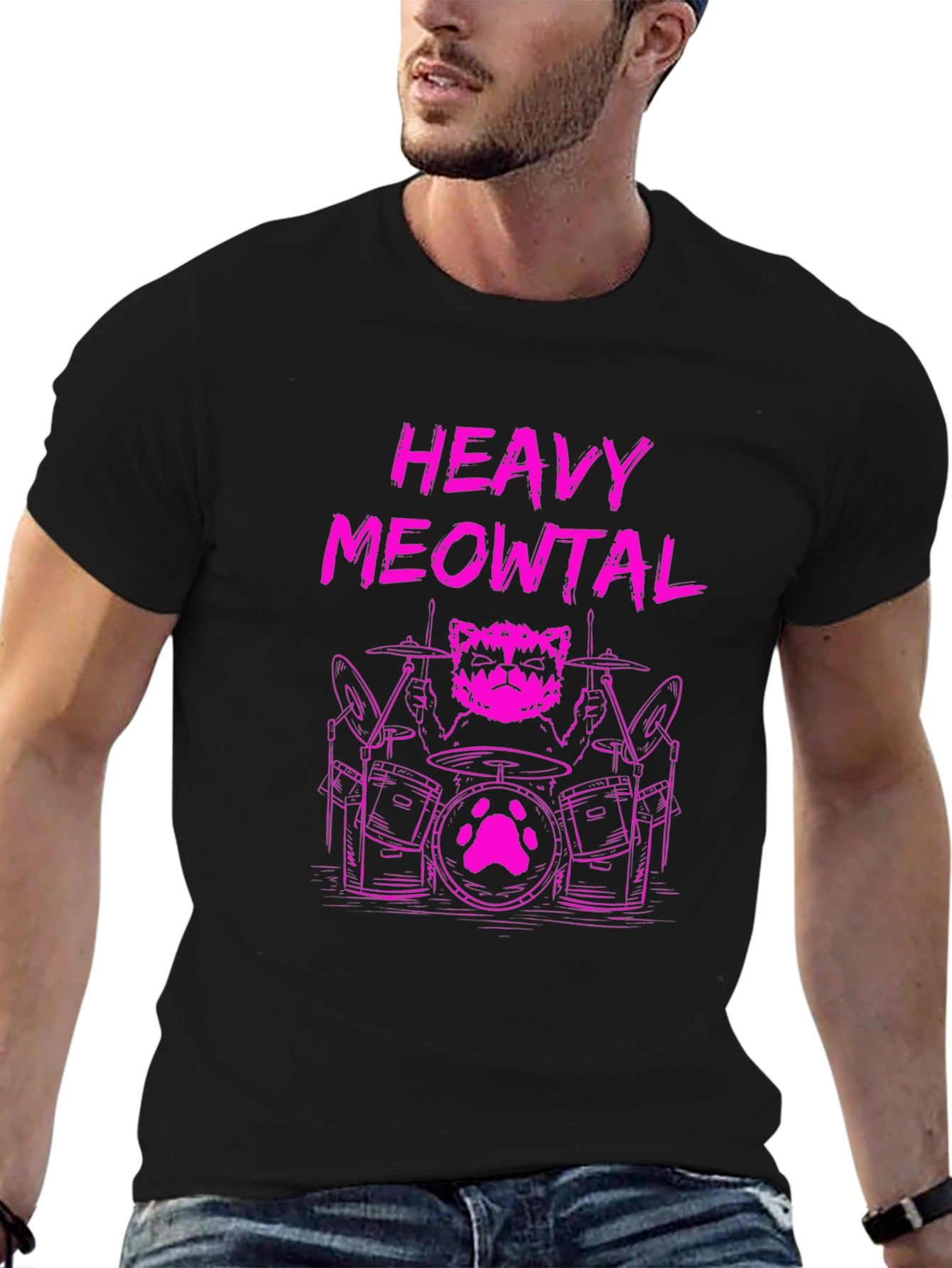 Black Heavy Meowtal Cat Drummer Graphic Tee view 6