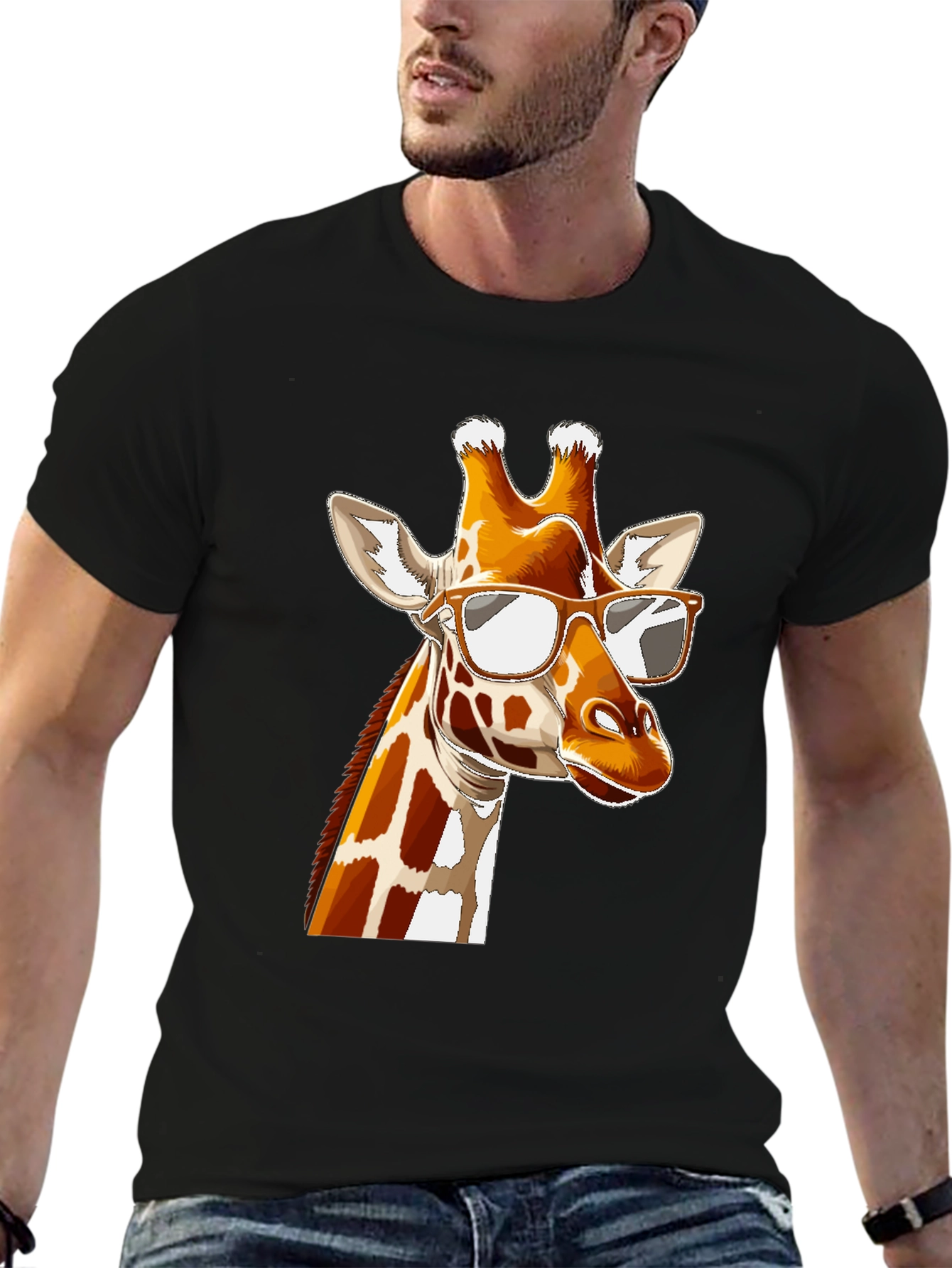 Black Cool Giraffe Graphic Tee - Black Cotton T-Shirt view 6