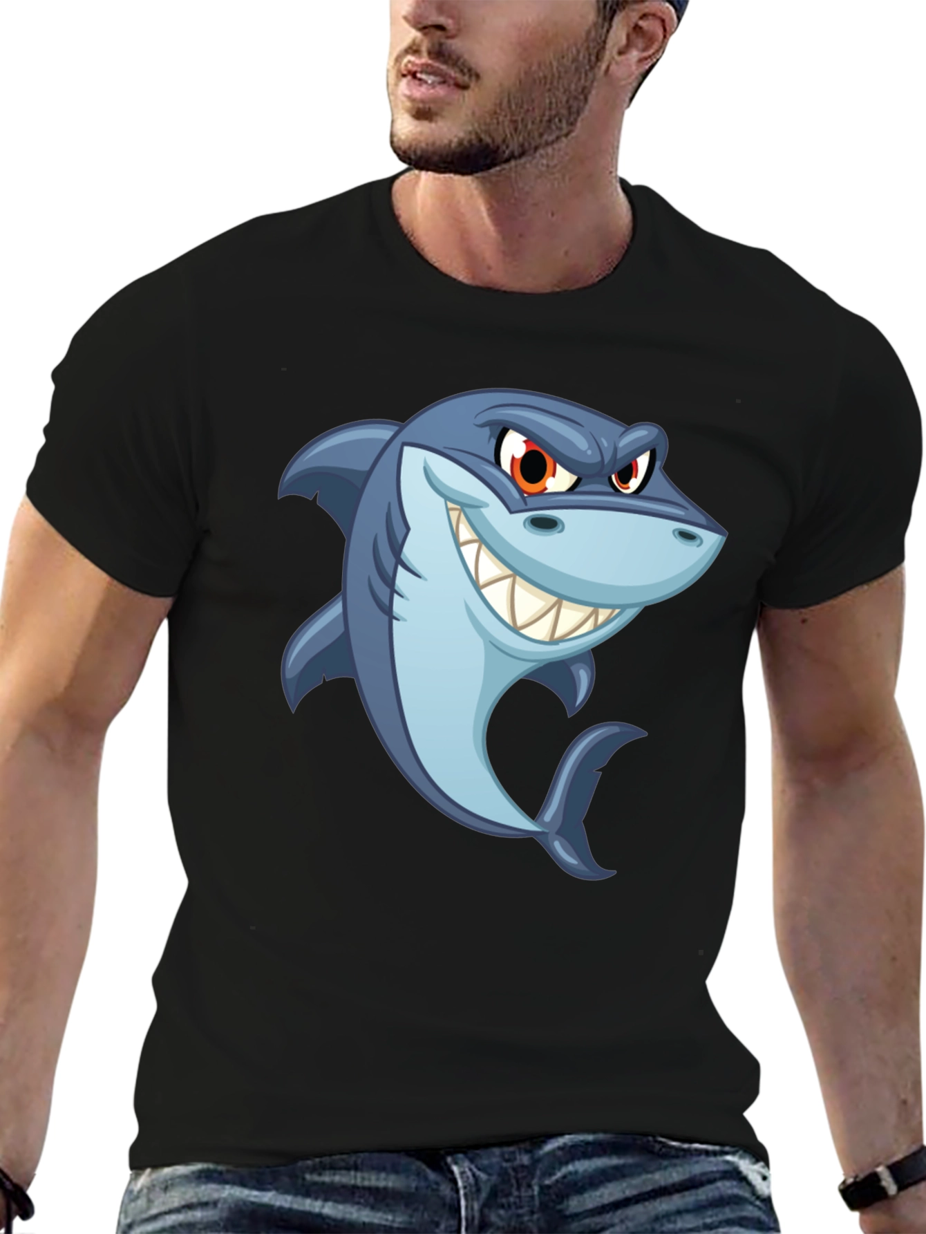 Black Men's Black Shark Cartoon Graphic T-Shirt view 6