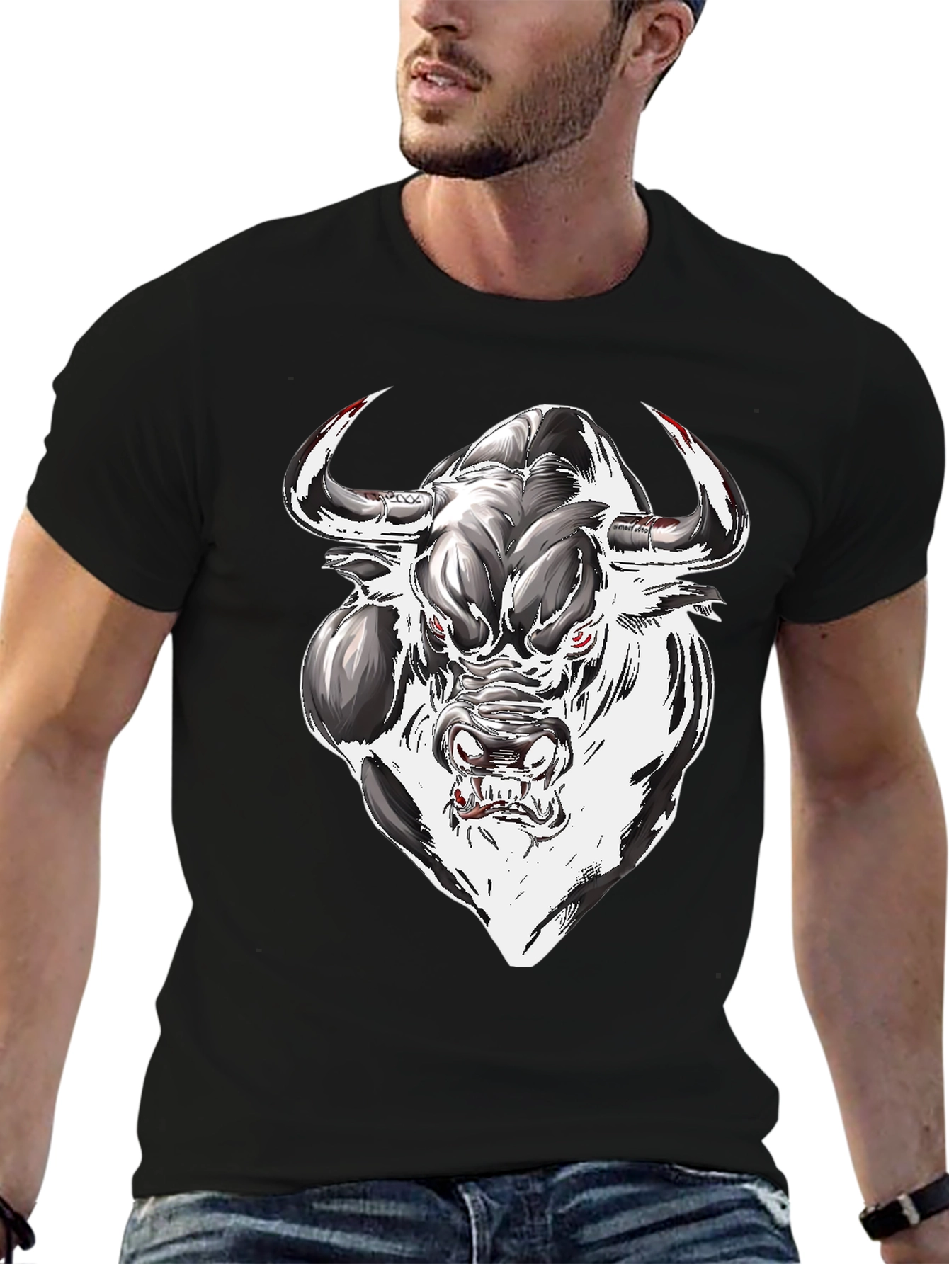 Black Men's Graphic Tee - Bull Design view 6
