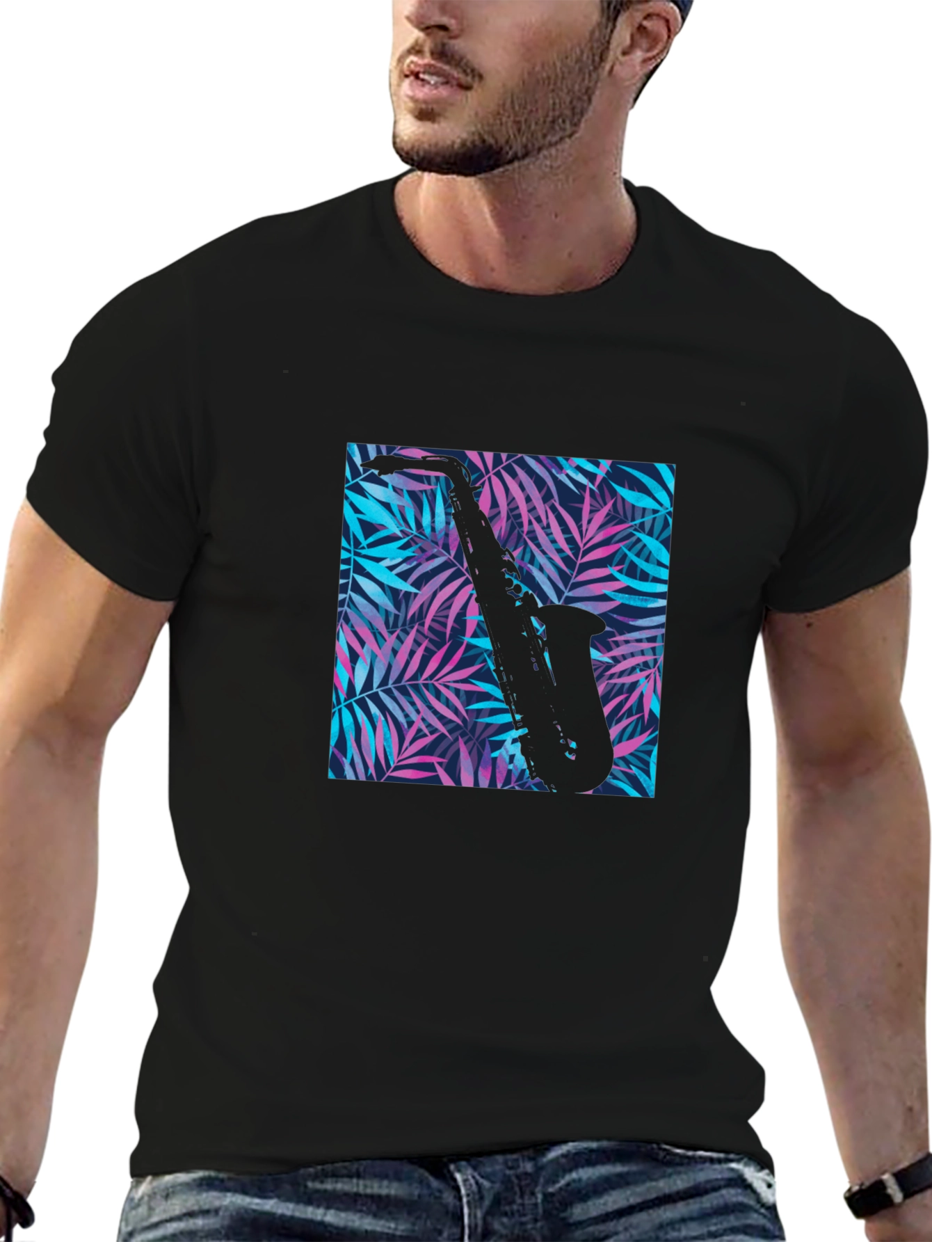 Black Tropical Saxophone Print Black T-Shirt view 6