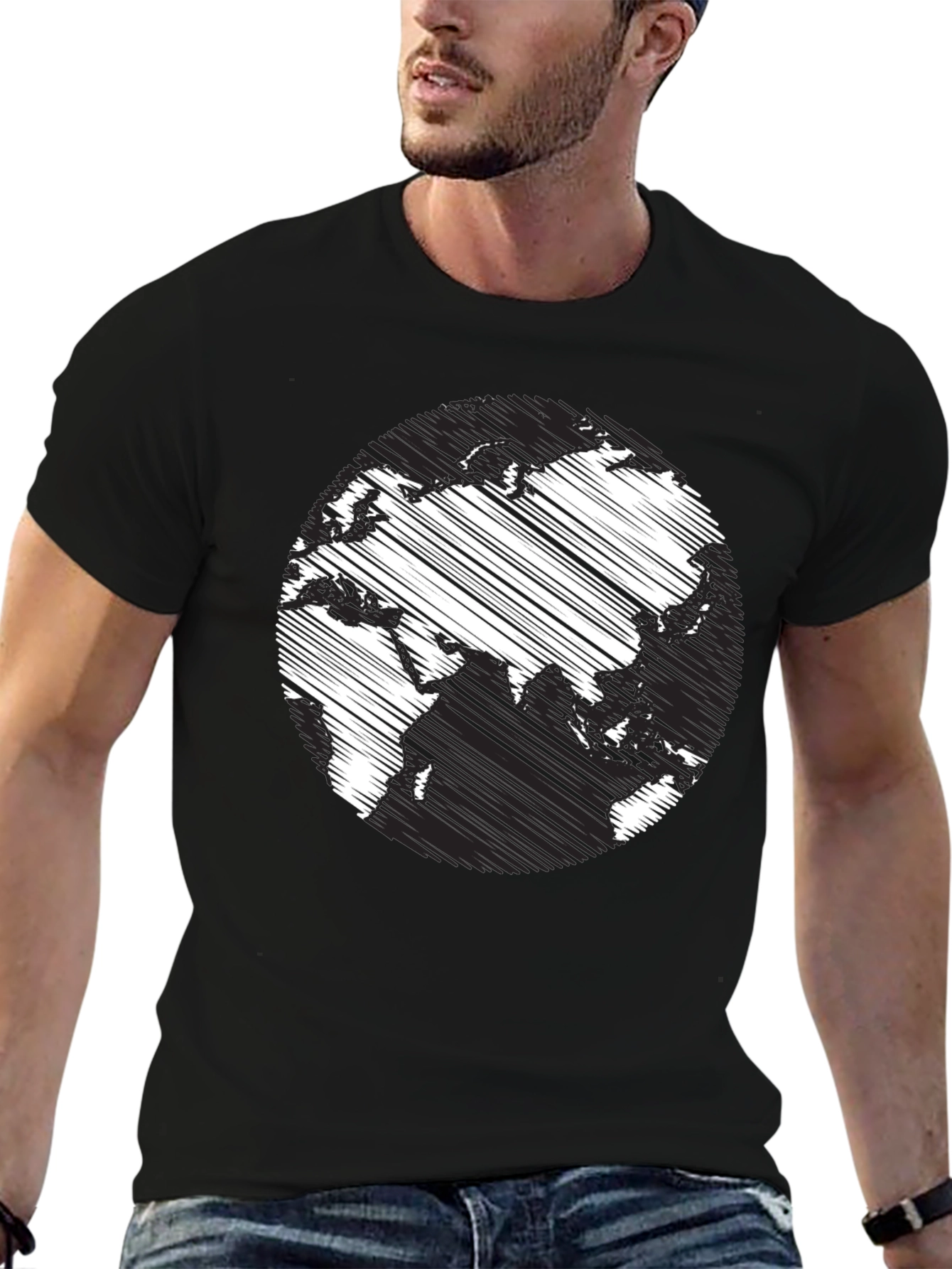 Black Earth Scribble Print Crew Neck Tee - Casual Black T-Shirt view 6