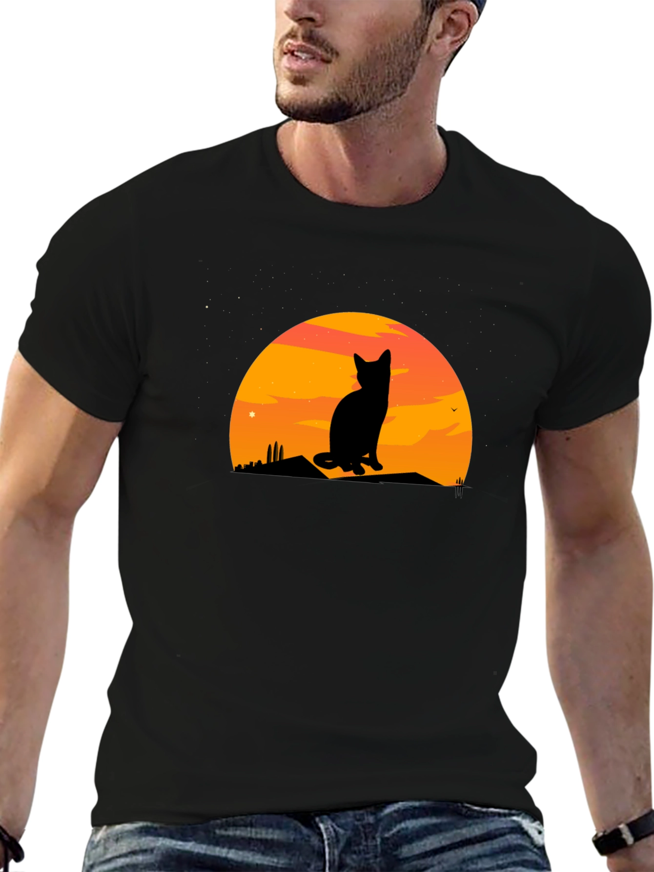 Black Sunset Cat Silhouette Graphic Tee view 6