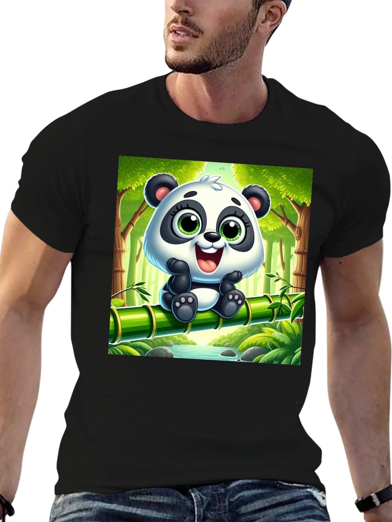 Black Cute Cartoon Panda T-Shirt view 6