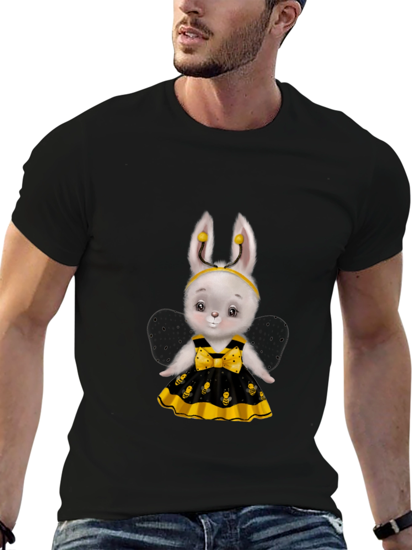 Black Cute Bee Bunny T-Shirt view 6
