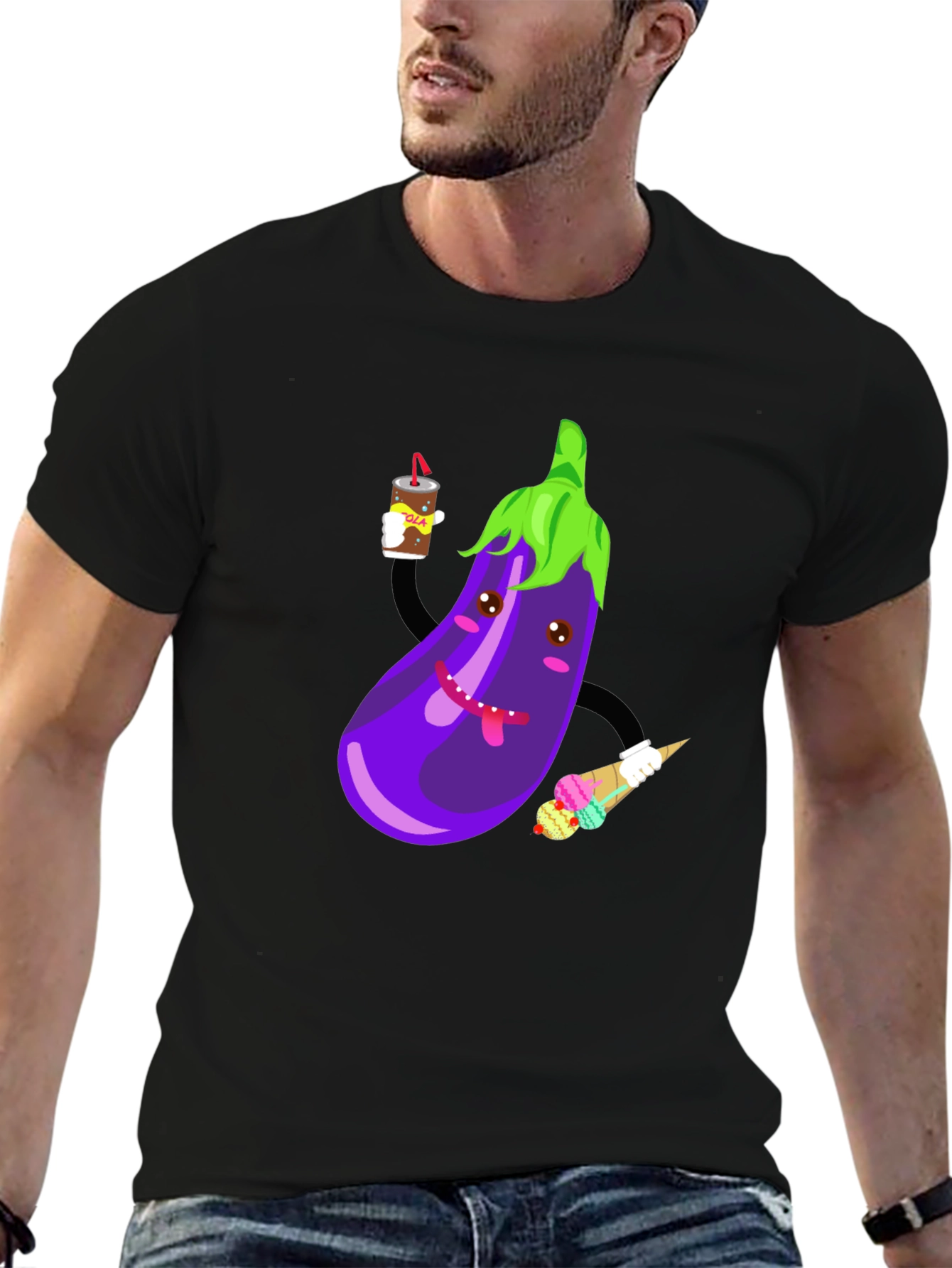 Black Eggplant Cartoon Graphic T-Shirt view 6