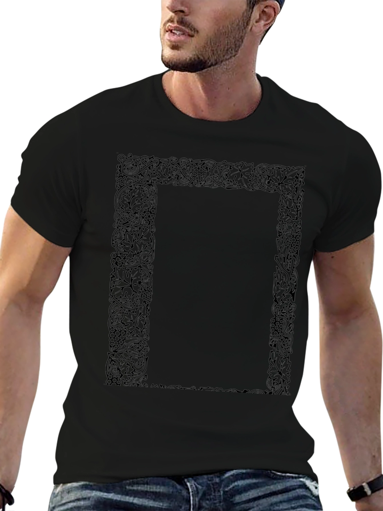 Black Ornate Border Black T-Shirt - Vintage Style view 6
