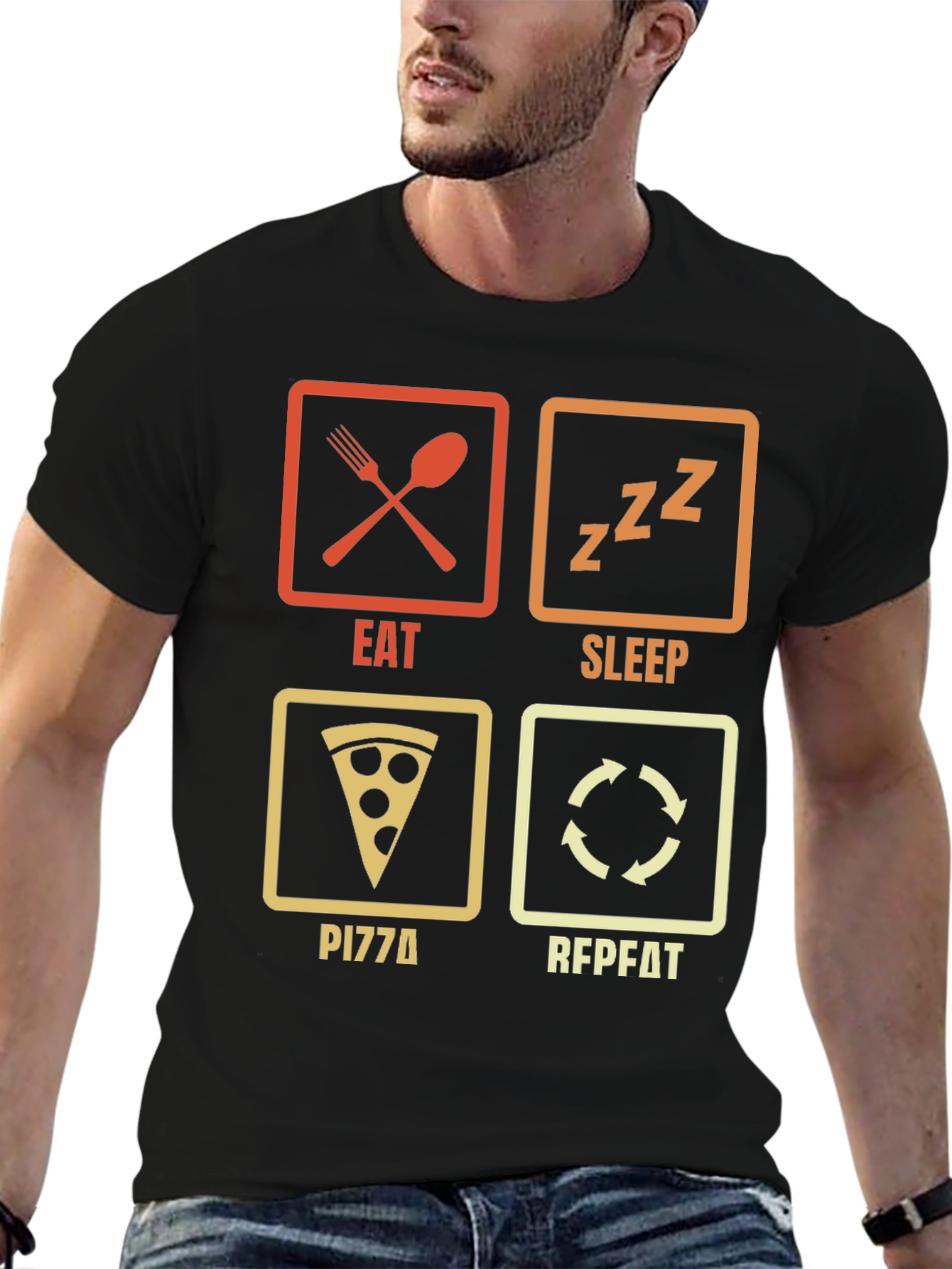 Black Eat Sleep Pizza Repeat T-Shirt - Funny Foodie Tee view 6
