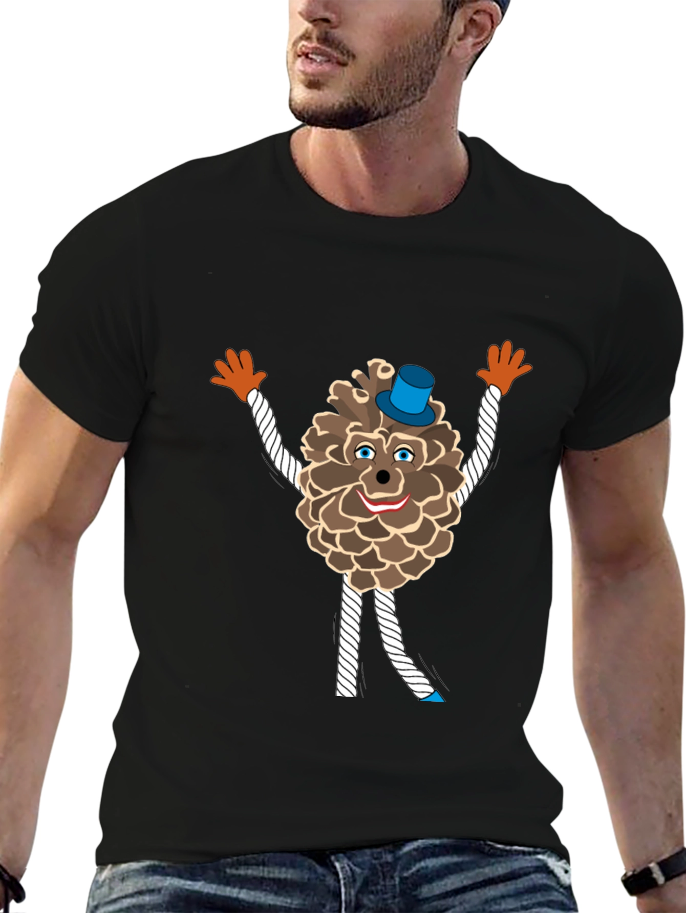 Black Fun Pine Cone Cartoon T-Shirt view 6