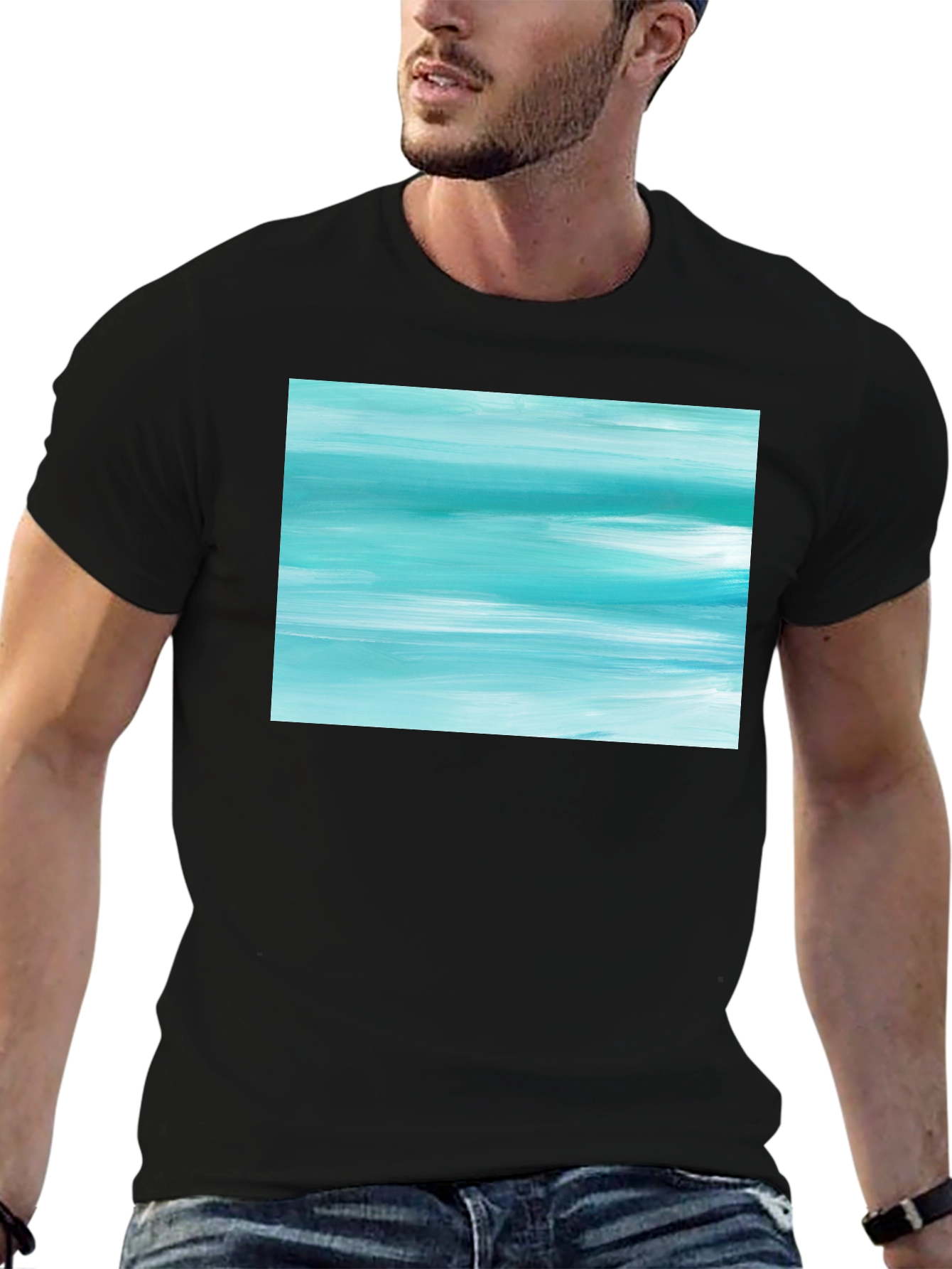 Black Abstract Aqua Brushstroke Graphic Tee - Soft Cotton view 6