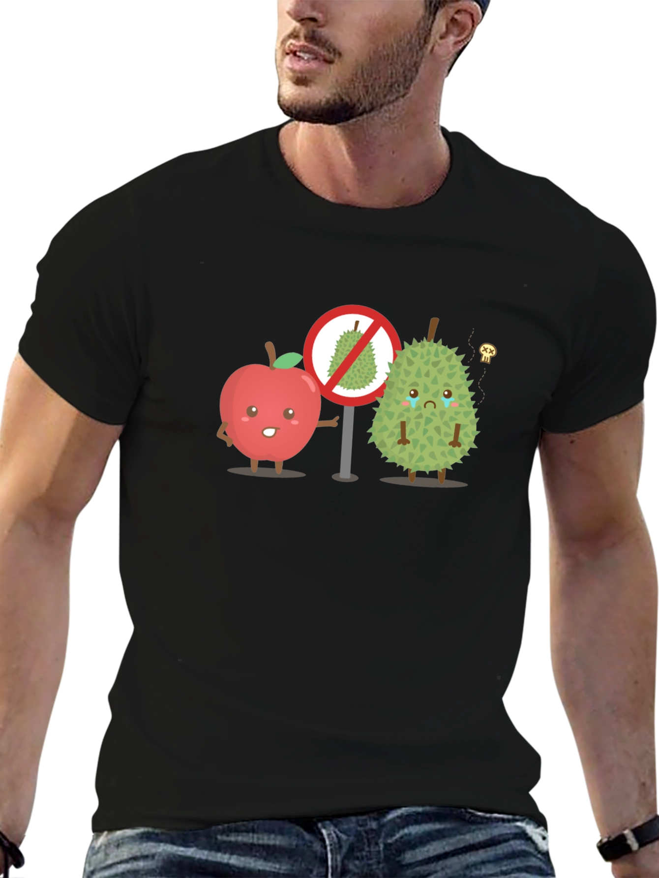 Black Funny Apple & Durian Graphic T-Shirt view 6