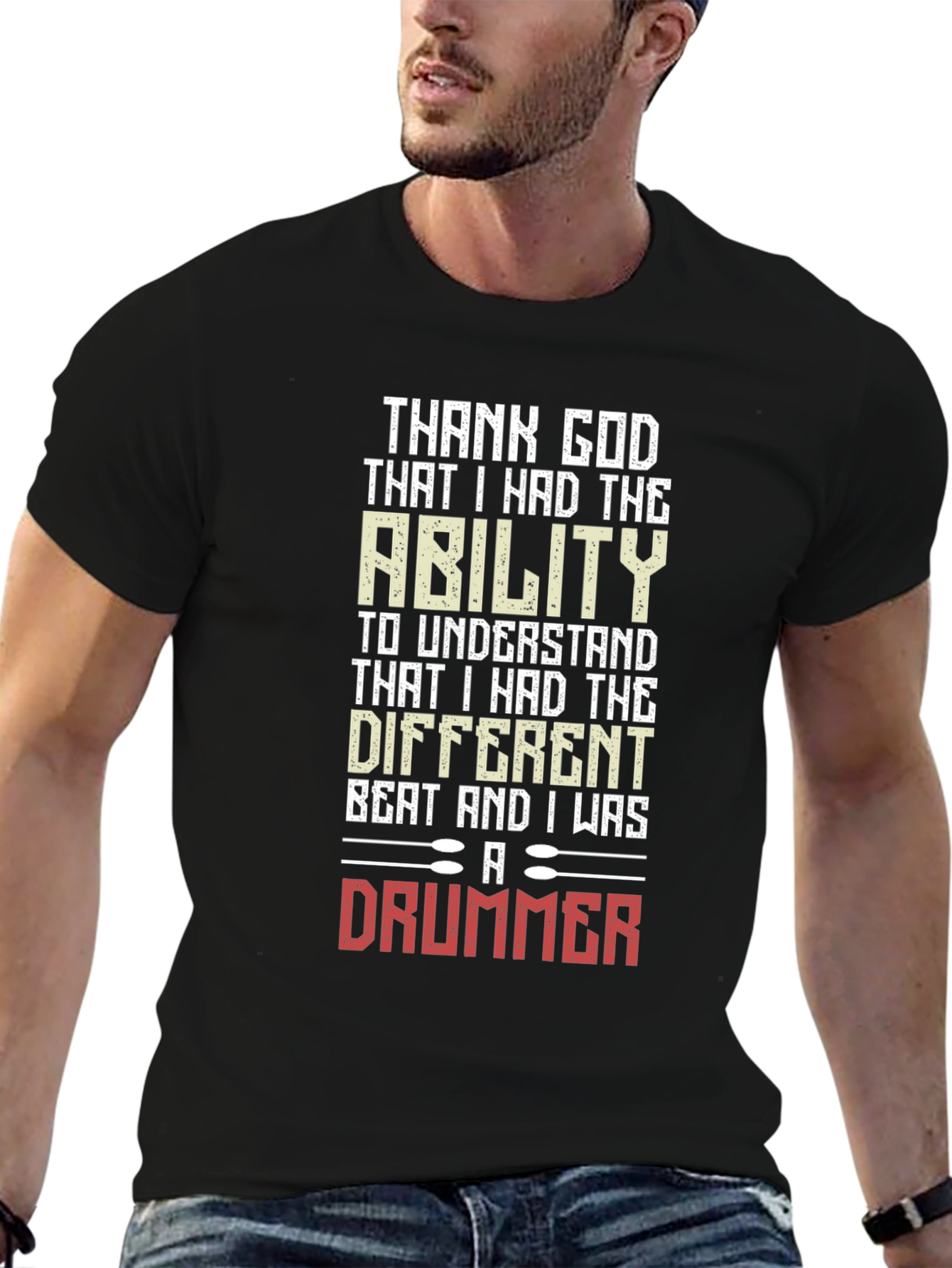 Black Thank God Drummer T-Shirt view 6