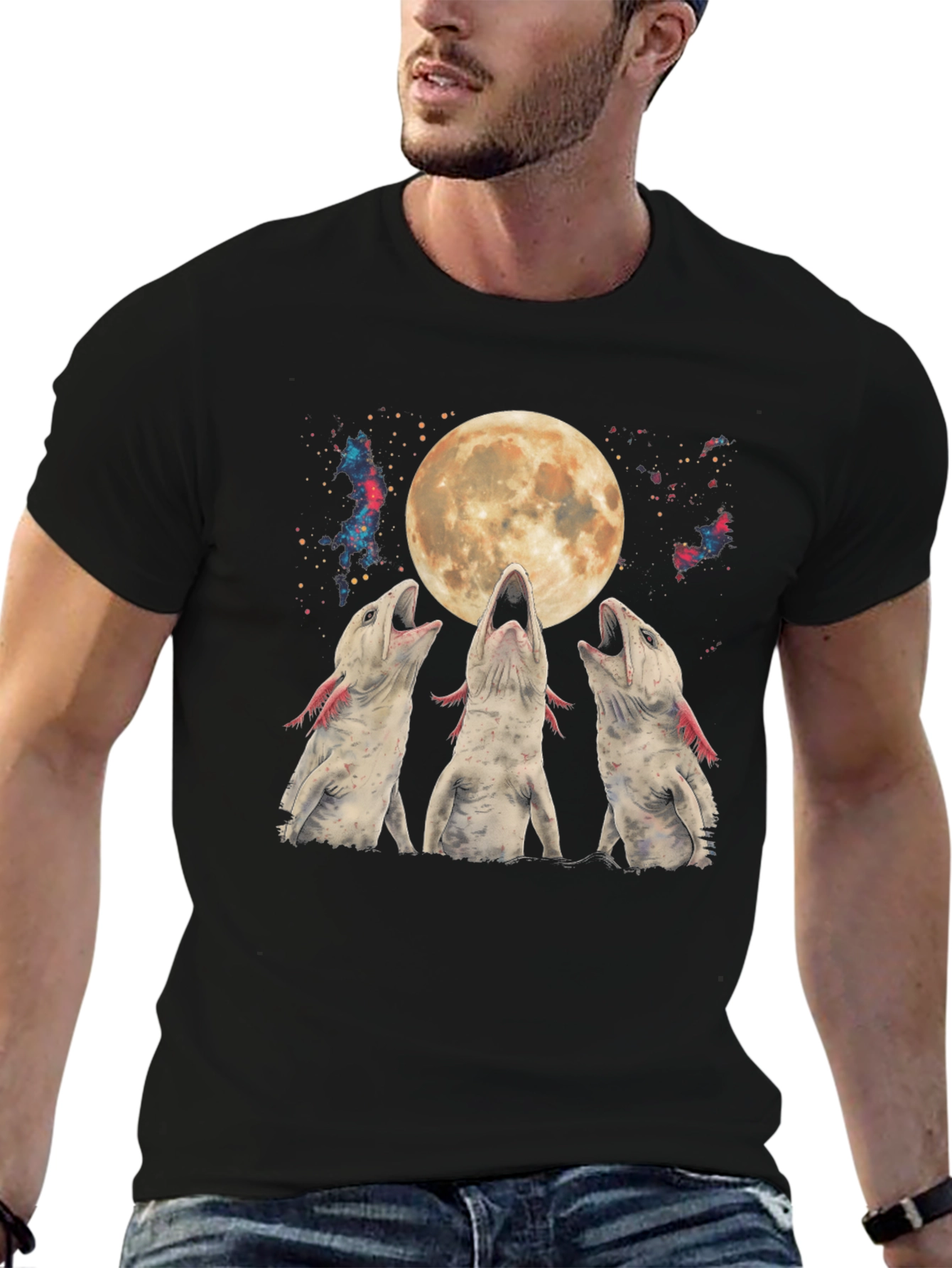 Black Axolotl Moon T-Shirt - Galaxy Howling Amphibian Tee view 6