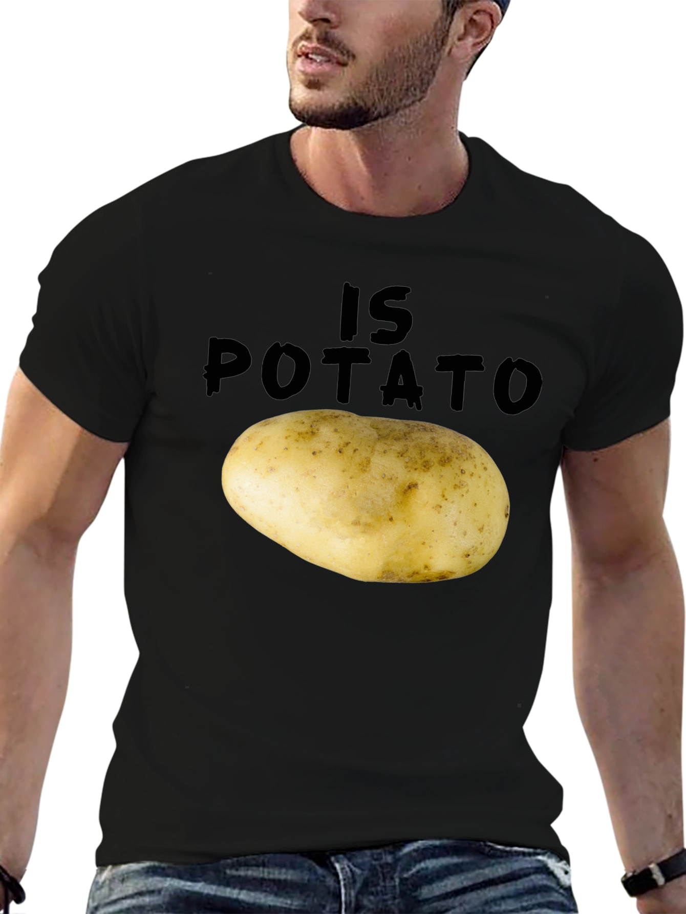 Black Funny "Is Potato" Graphic Tee - Black view 6