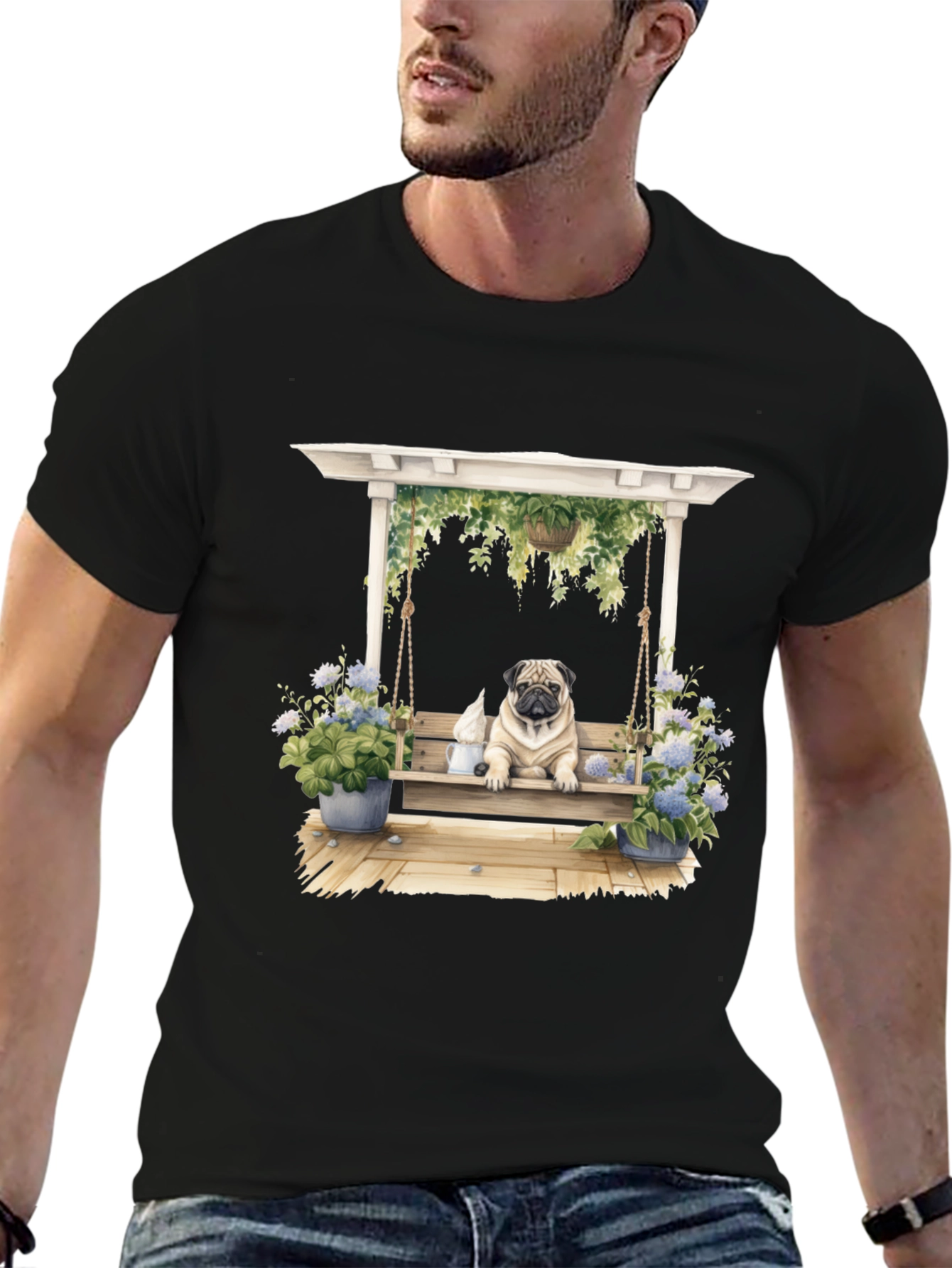 Black Pug on Swing T-Shirt - Unique Dog Lover Gift view 6