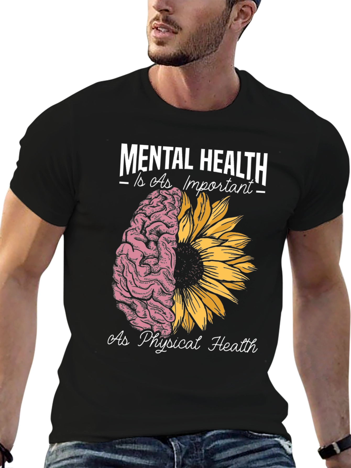 Black Mental Health Awareness Tee - Brain & Sunflower Design view 6