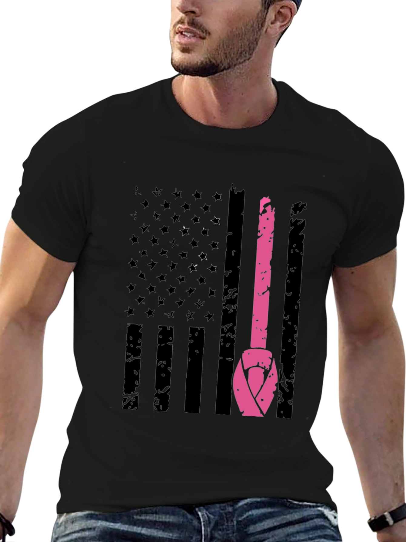 Black Breast Cancer Awareness US Flag T-Shirt view 6