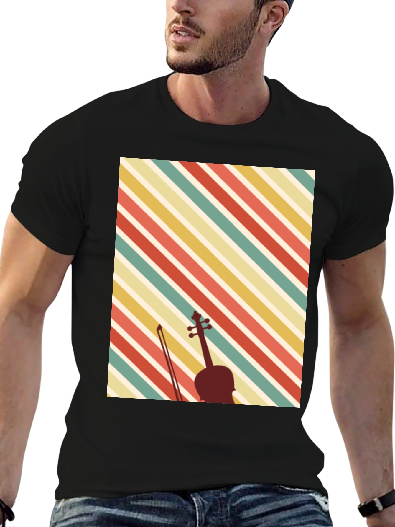 Black Retro Violin Graphic Tee - Vintage Style Music Lover Shirt view 6