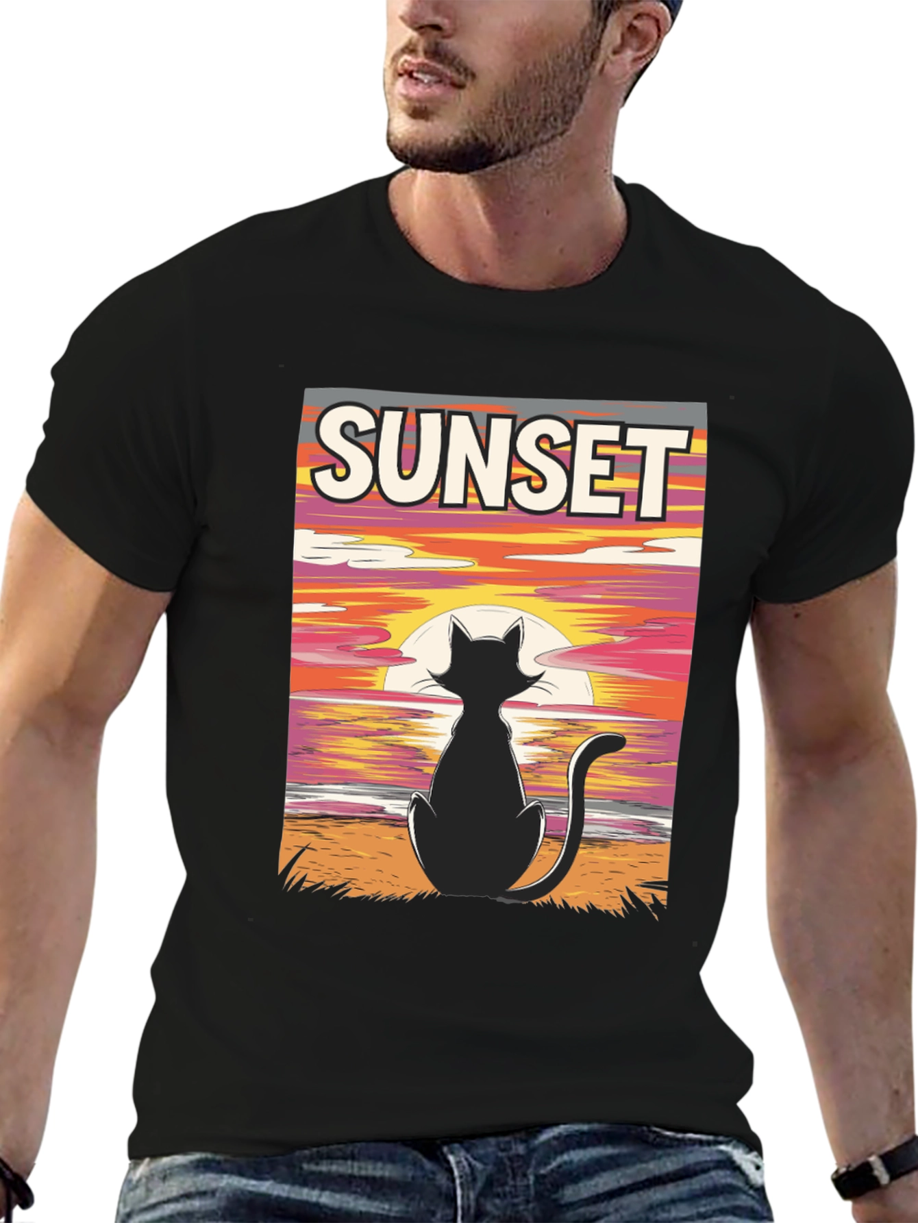 Black Sunset Cat Graphic Tee - Stylish Black T-Shirt view 6