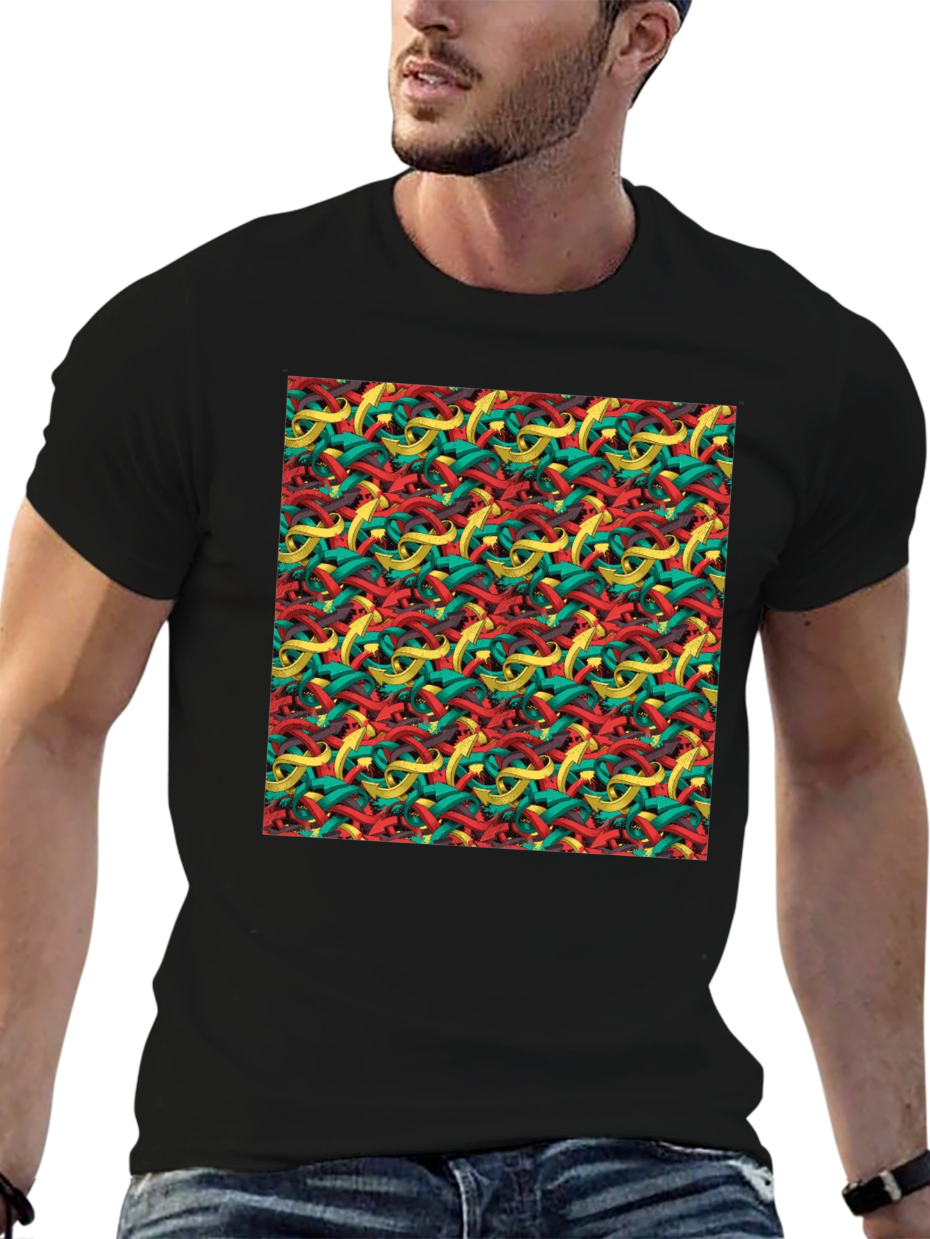 Black Abstract Ribbon Pattern Men's Black T-Shirt view 6