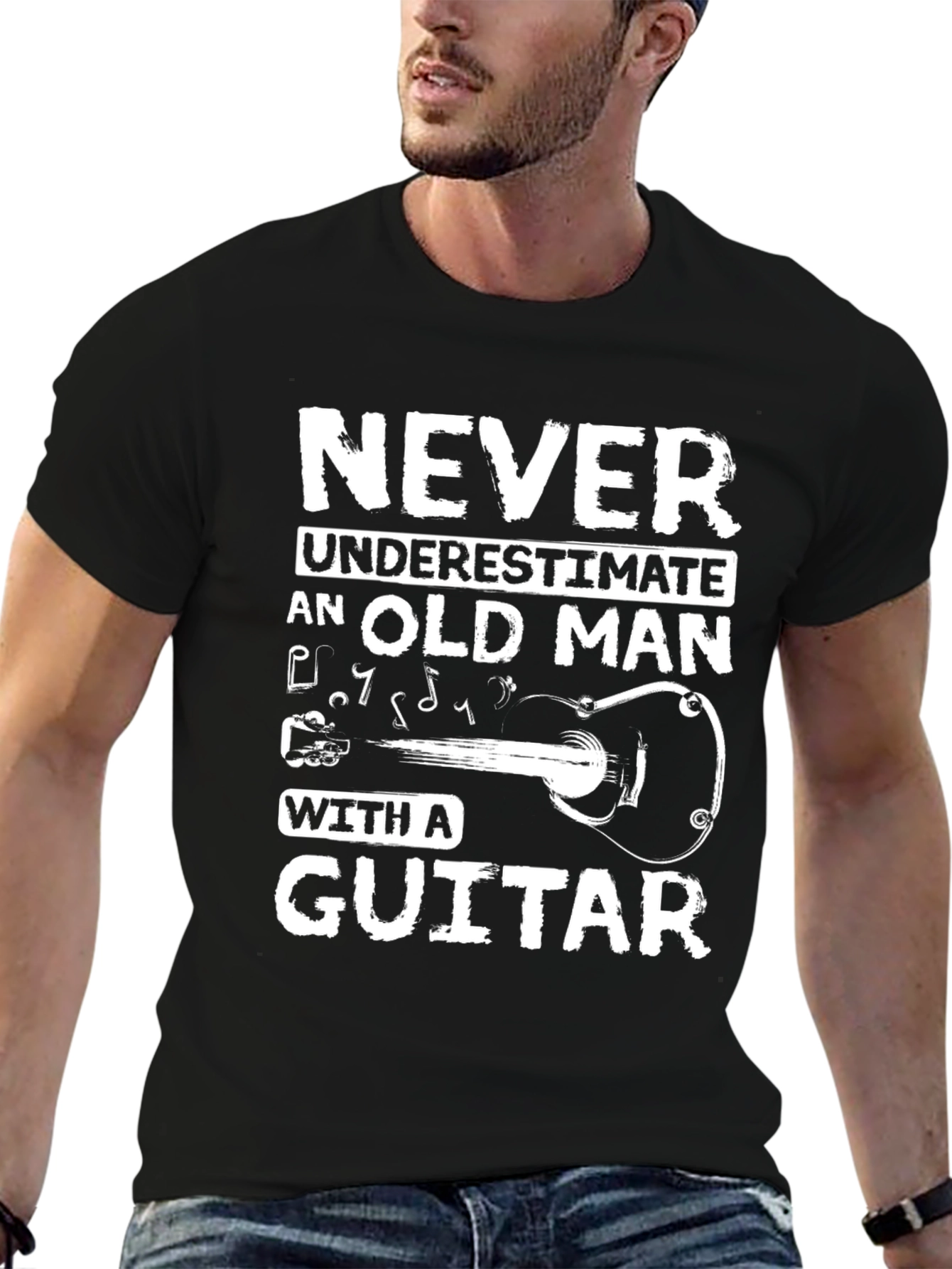 Black Never Underestimate Old Man Guitar Black T-Shirt view 6