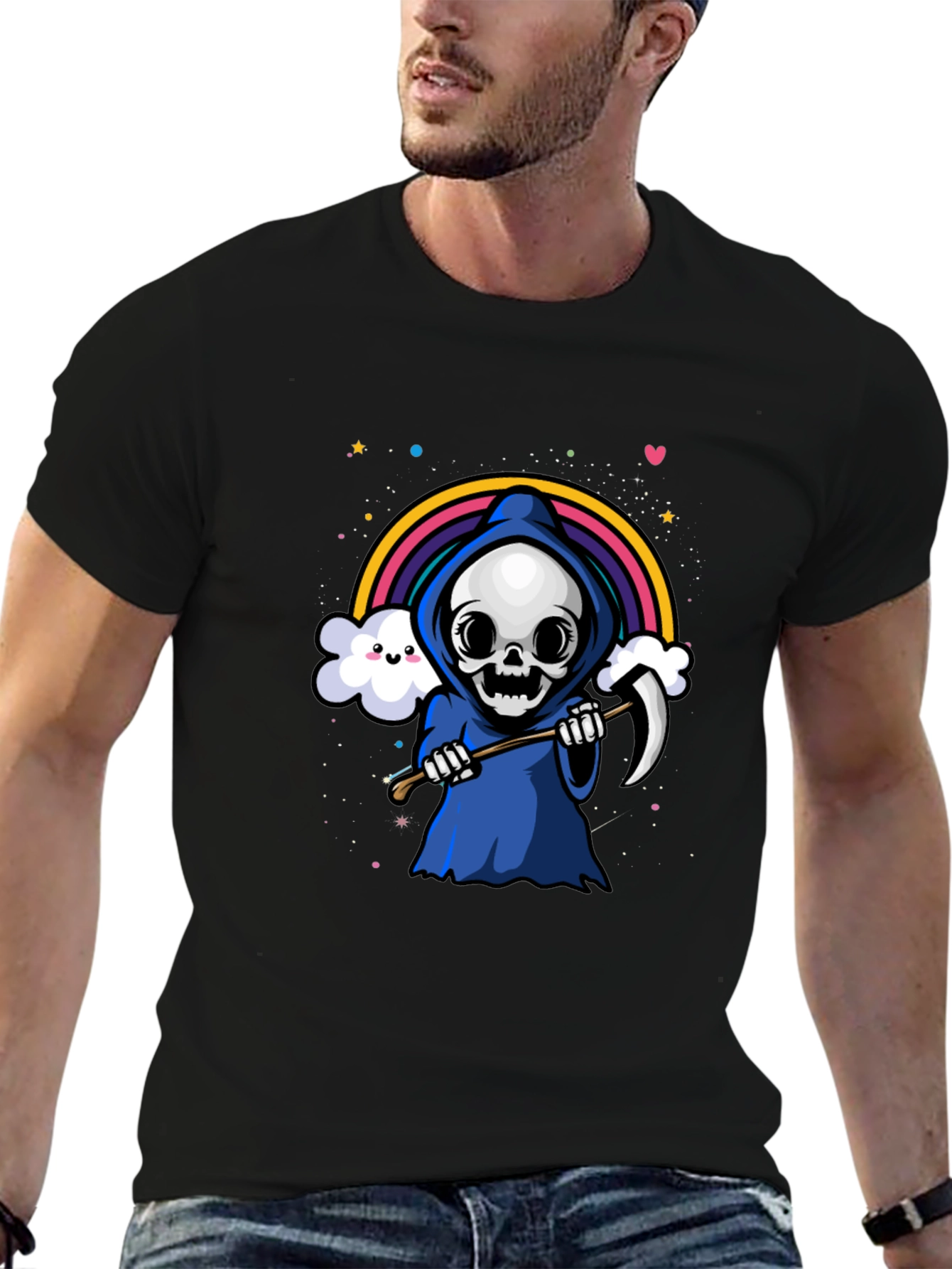 Black Kawaii Grim Reaper Rainbow T-Shirt view 6
