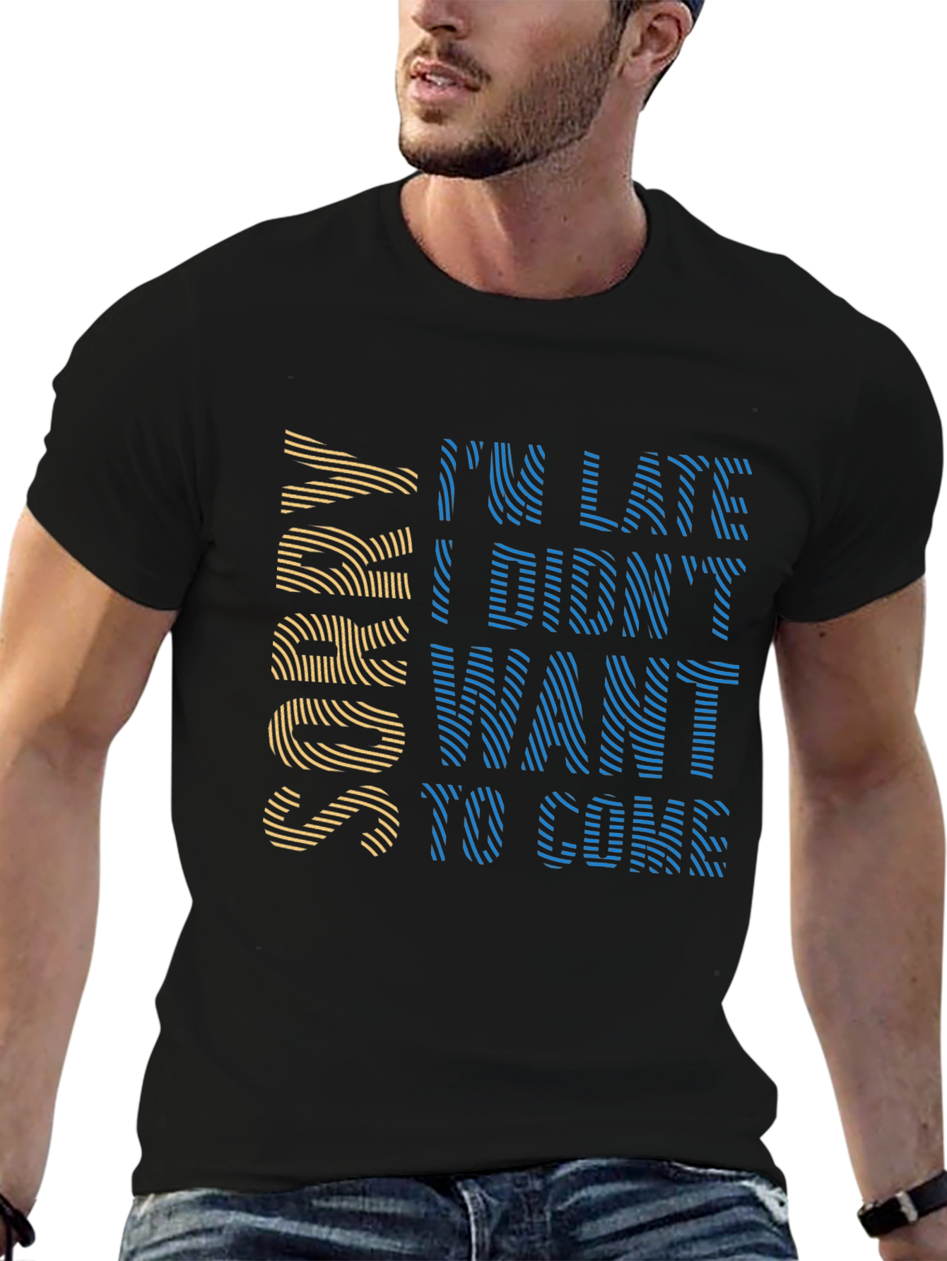 Black Funny I'm Late Graphic Tee - Soft Black Cotton T-Shirt view 6