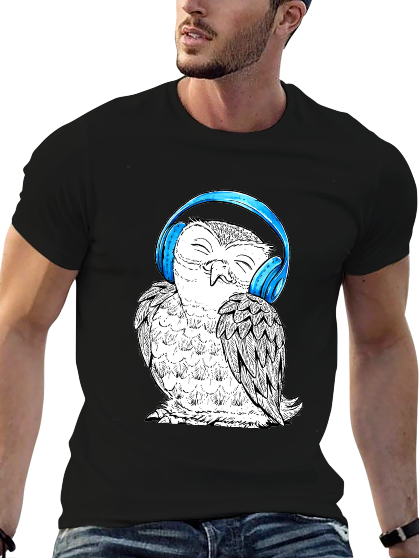 Black Owl with Headphones Graphic Tee - Black Cotton T-Shirt view 6