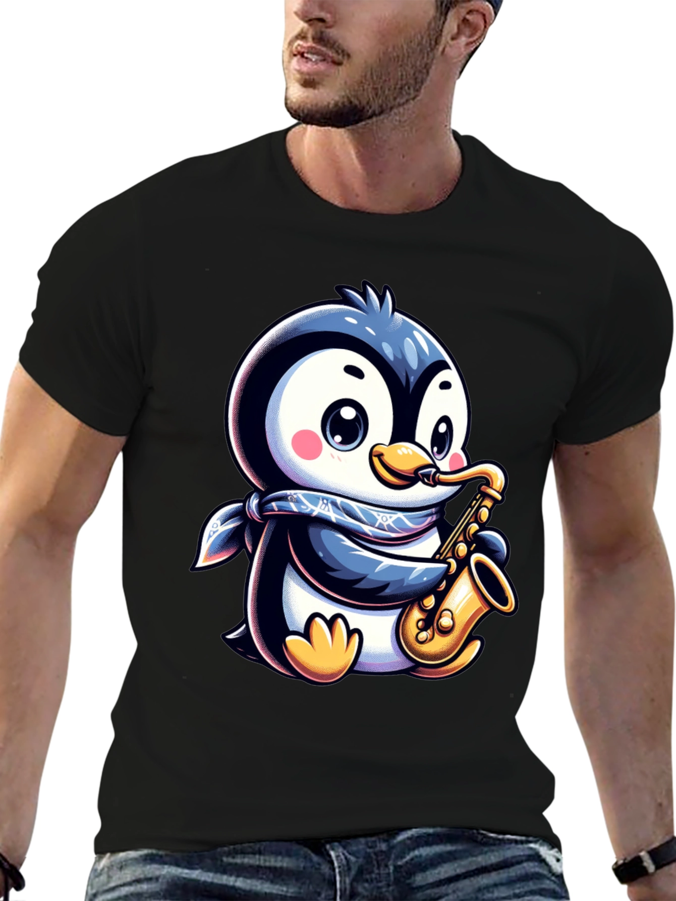 Black Penguin Sax Player T-Shirt - Unique Graphic Tee view 6