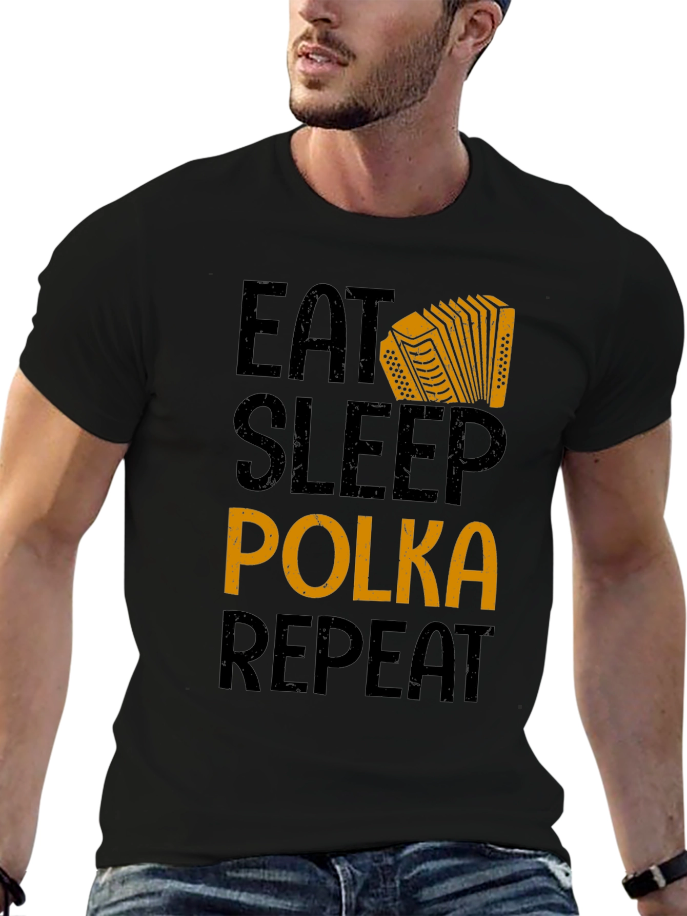 Black Eat Sleep Polka Repeat T-Shirt - Accordion Music Tee view 6